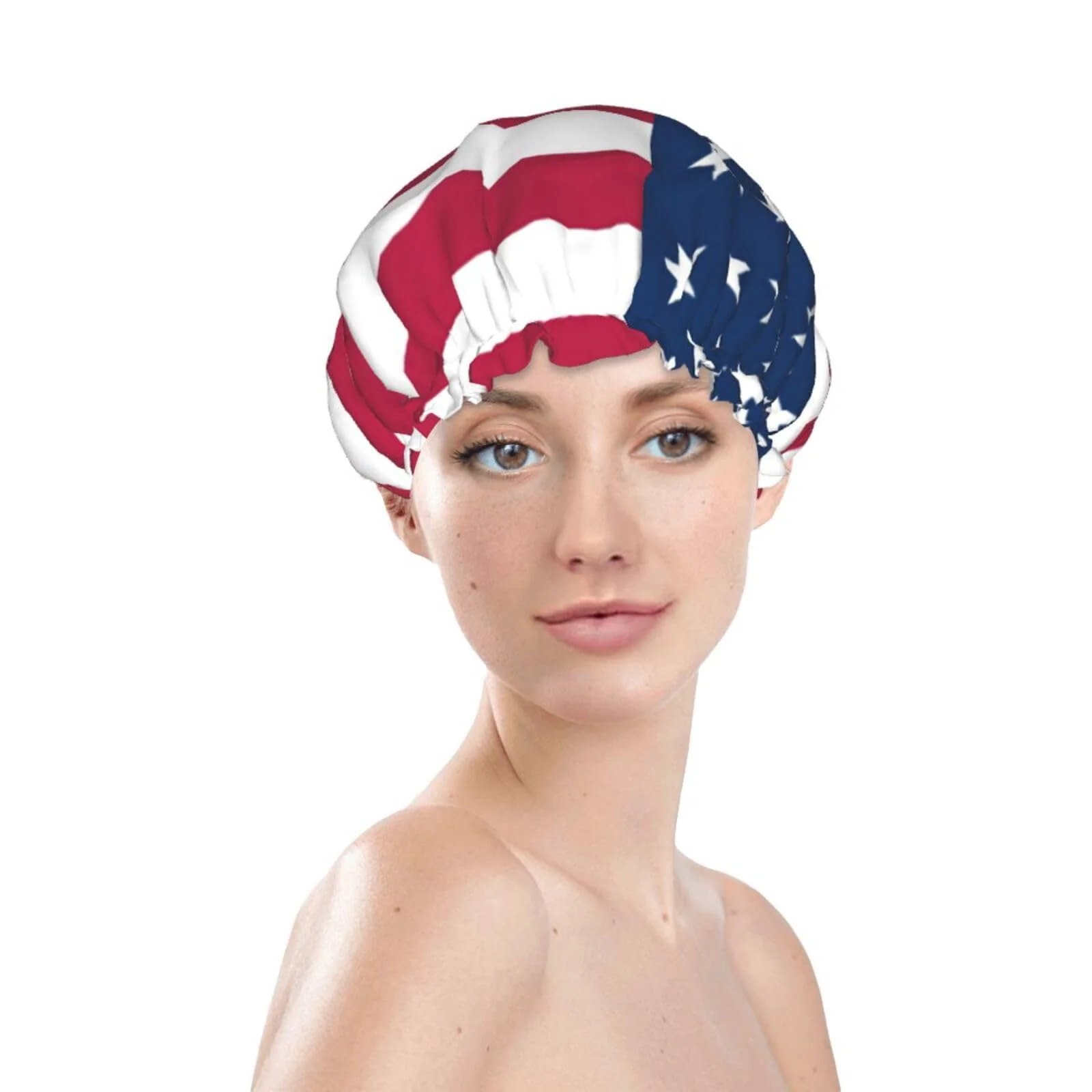Durable America Usa Flag Prints Shower Cap Double Layer Lined Waterproof Bathing Shower Hat Proven