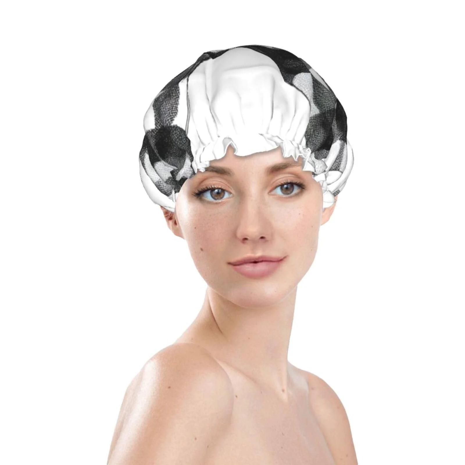 Crafted Watercolor Black And White Checkered Bow Prints Shower Cap Double Layer Lined Waterproof Bathing Shower Hat Reusable