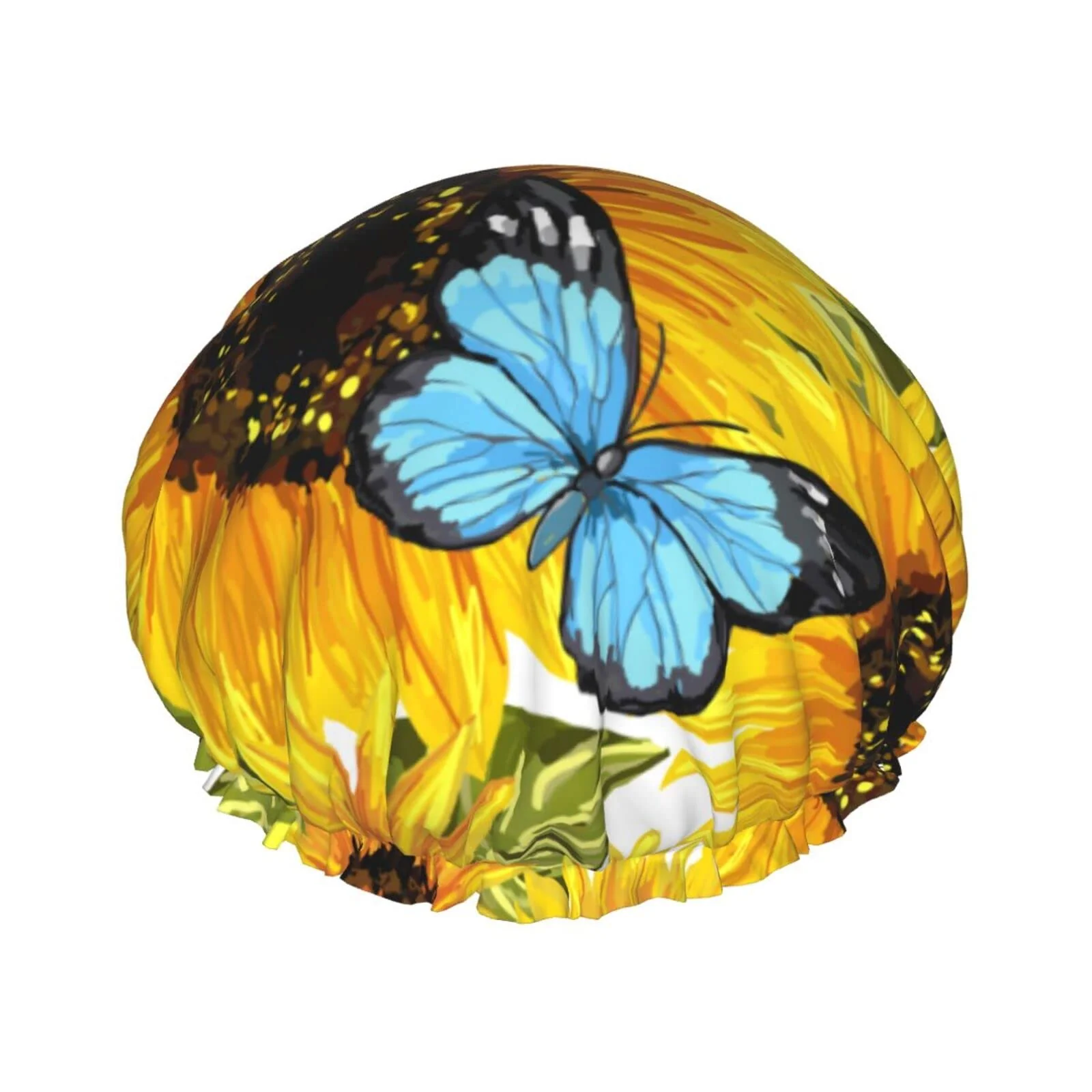 Prestigious Sunflowers Blue Butterflies Shower Cap for Women Double Waterproof Layers Bathing Shower Hat Large Designed for all Hair Fine Crafted