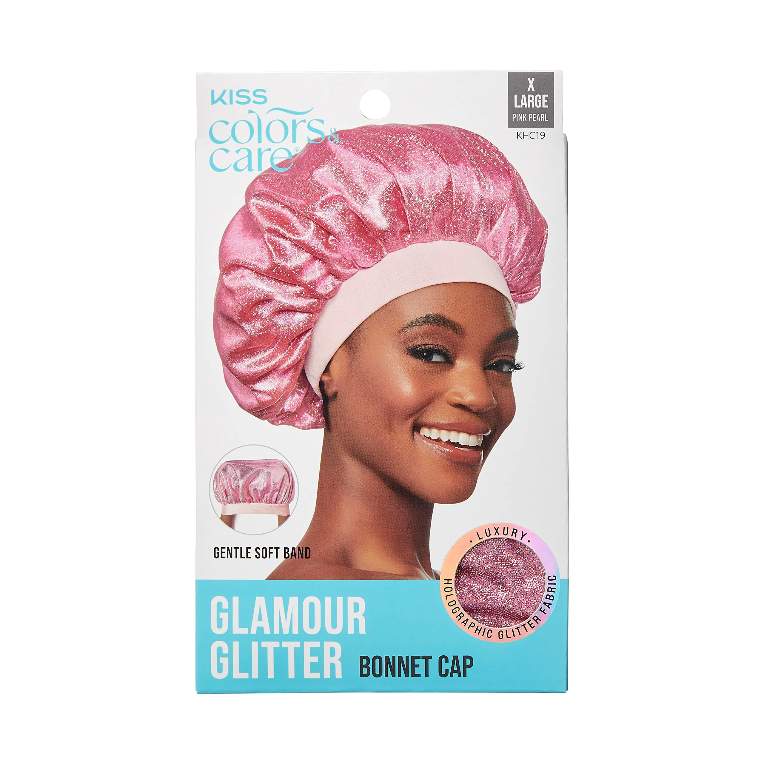 Easy-to-Use KISS COLORS CARE Glitter Bonnet XL Pink Pearl Gentle Silky Fabric with Elastic Band for Most Hair Types - Hypoallergenic Overnight Wear Stylish Proven