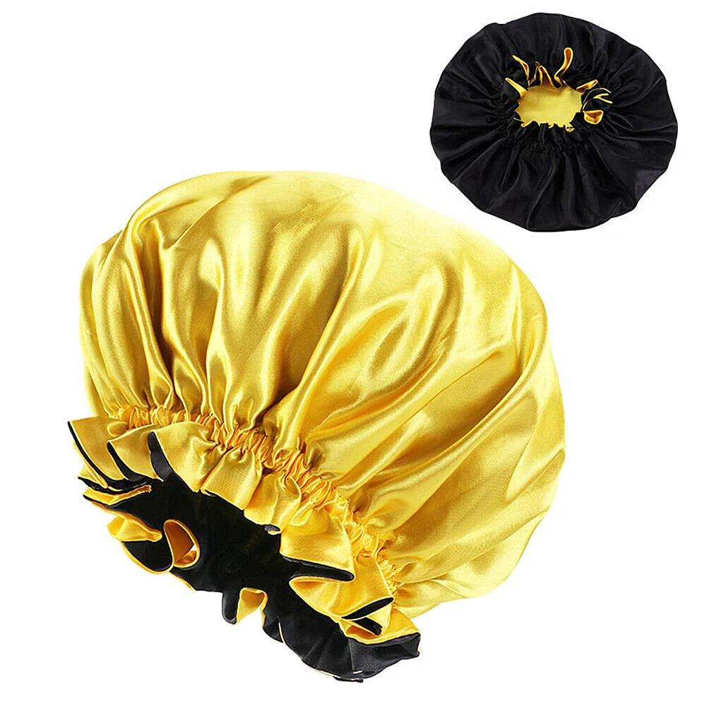 Solid Magik Double-sided Cover Satin Night Sleep Cap Hair Bonnet Hat Head w Elastic Band 2 Pack Yellow Black Innovative