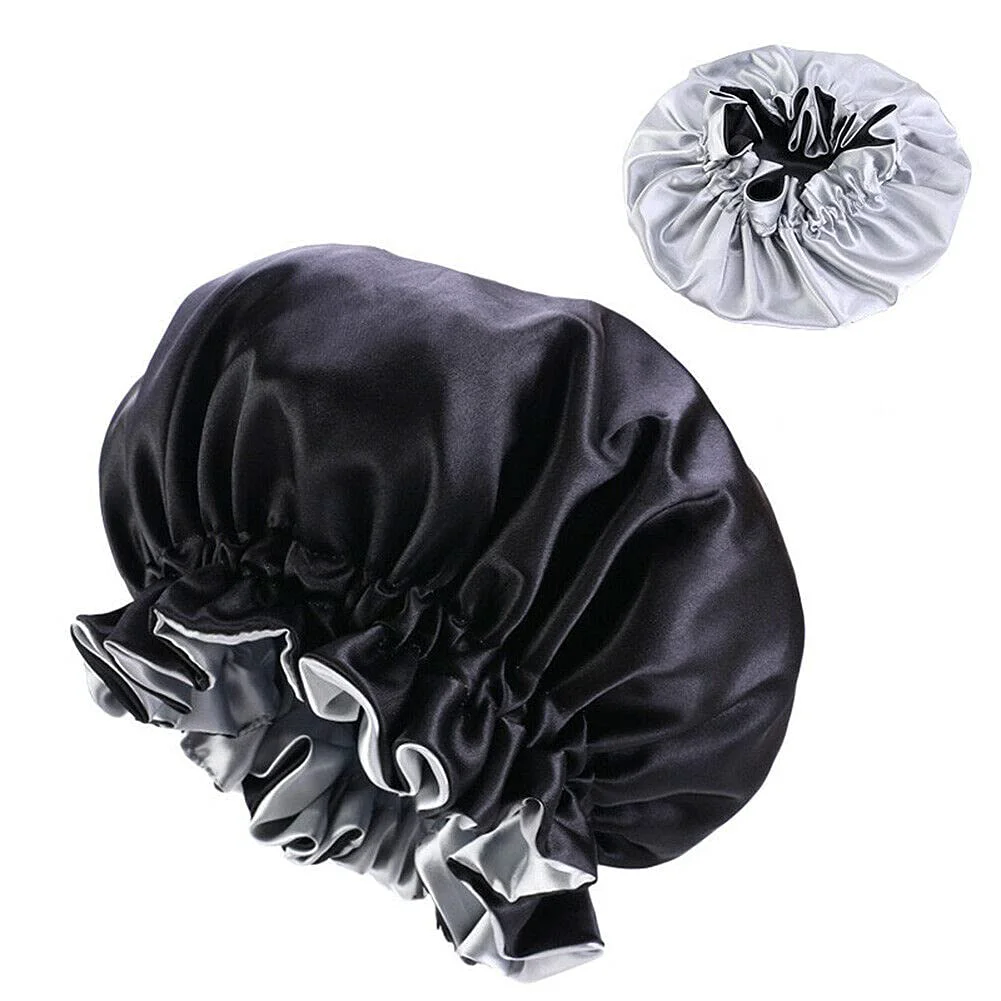 Carefully Designed Magik Double-sided Cover Satin Night Sleep Cap Hair Bonnet Hat Head w Elastic Band 2 Pack Black Silver Long-Lasting