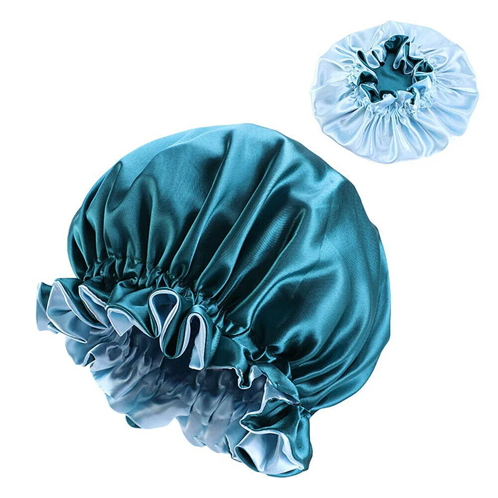 Elegant Magik Double-sided Cover Satin Night Sleep Cap Hair Bonnet Hat Head w Elastic Band 2 Pack Teal Blue Light Blue Consistent