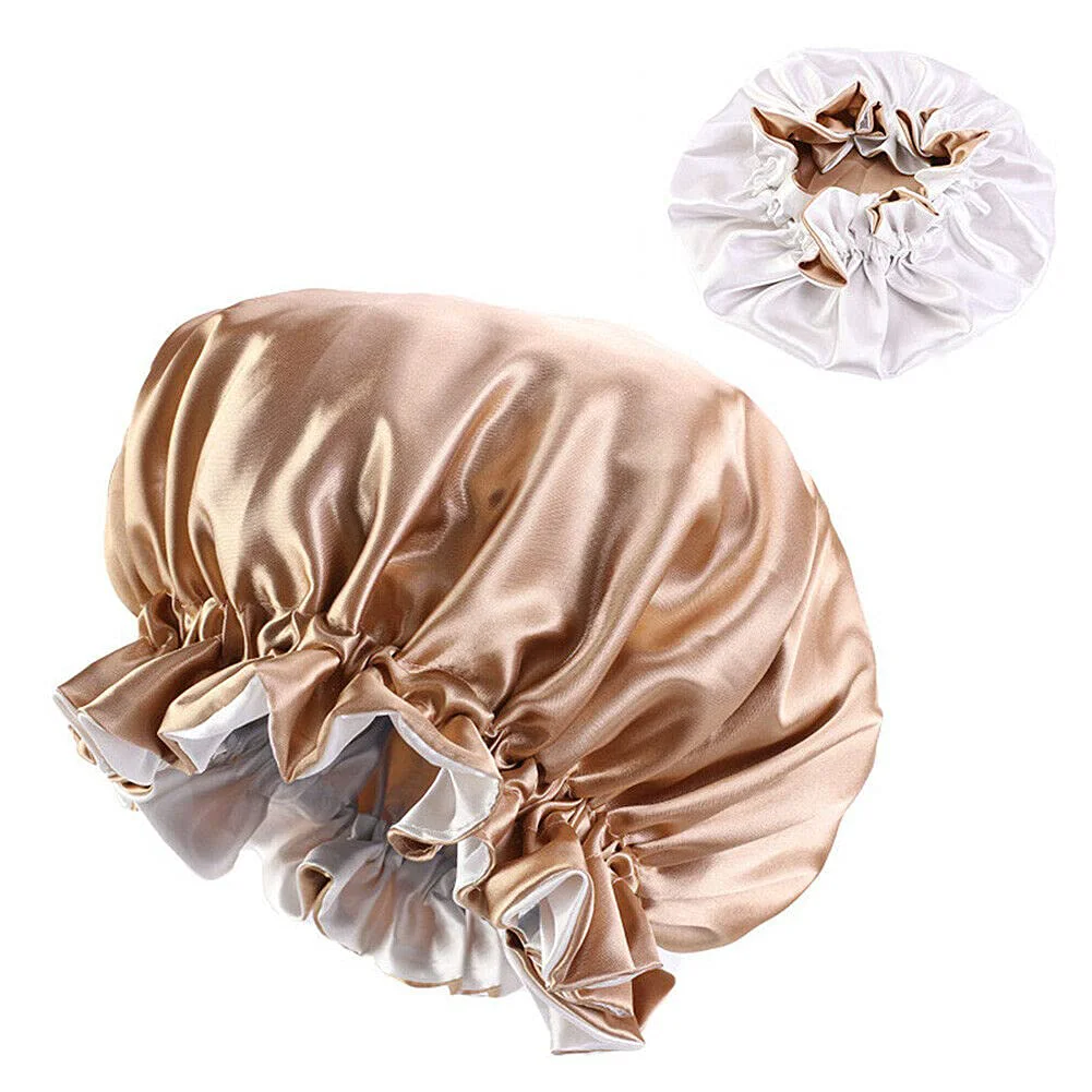 Expertly Made Magik Double-sided Cover Satin Night Sleep Cap Hair Bonnet Hat Head w Elastic Band 2 Pack Champagne Ivory High-End