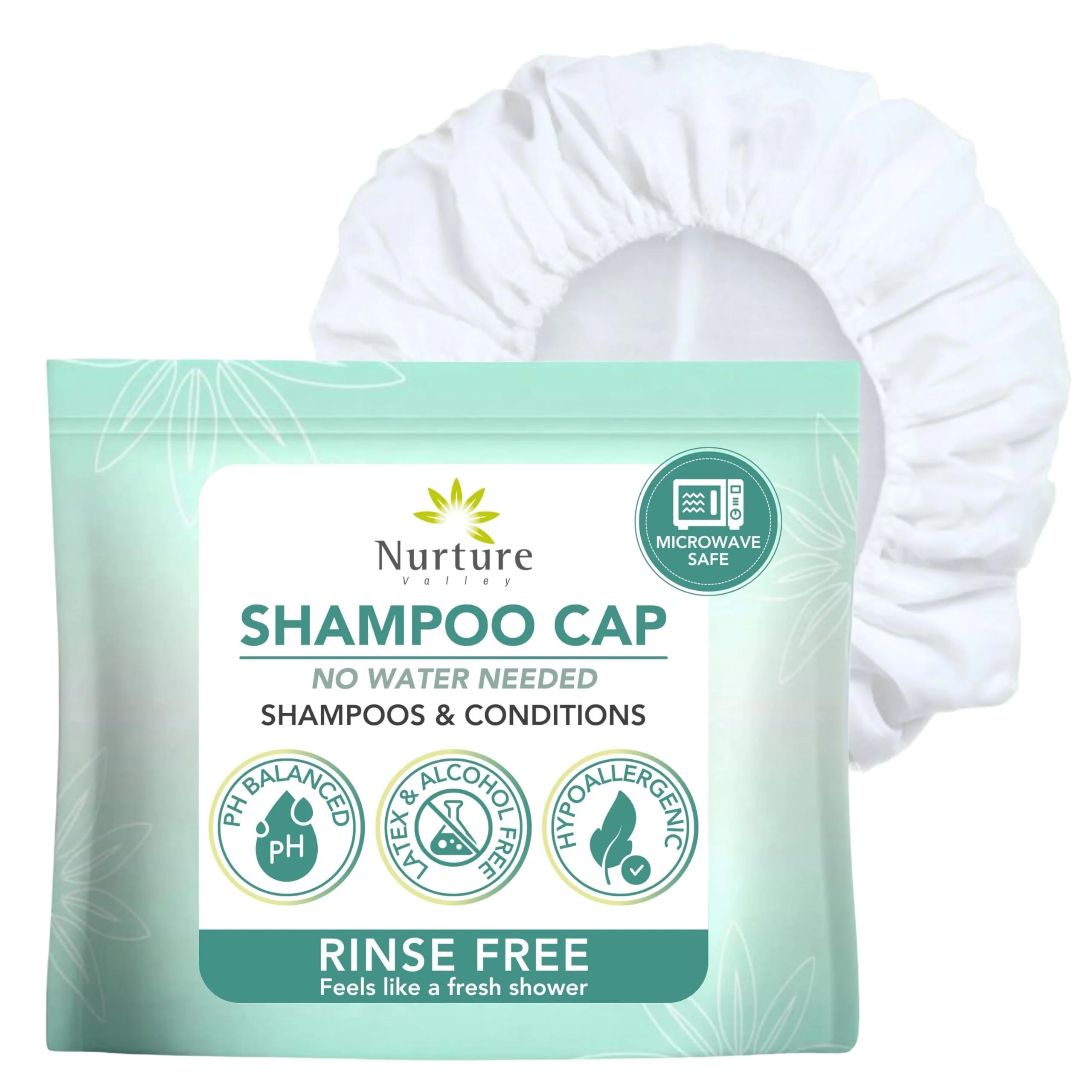 Specialty No Water Rinse Shampoo Cap by Nurture - Microwavable Washing Conditioning Shower Caps to Wash Hair w o Bath - Waterless Bathing - Disposable High-Performance