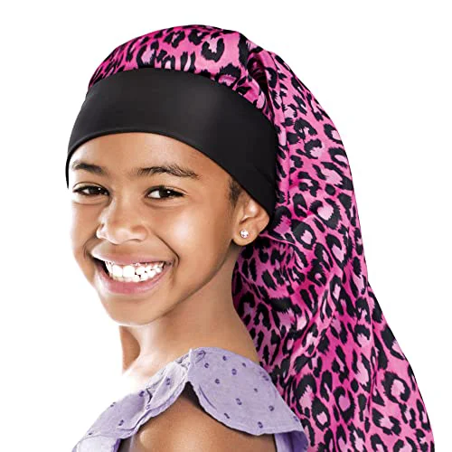 Artisan Red by Kiss Kids Satin Braid Bonnet Comfy Wide Band for Long Hair Long Braids Pink Leopard High-End