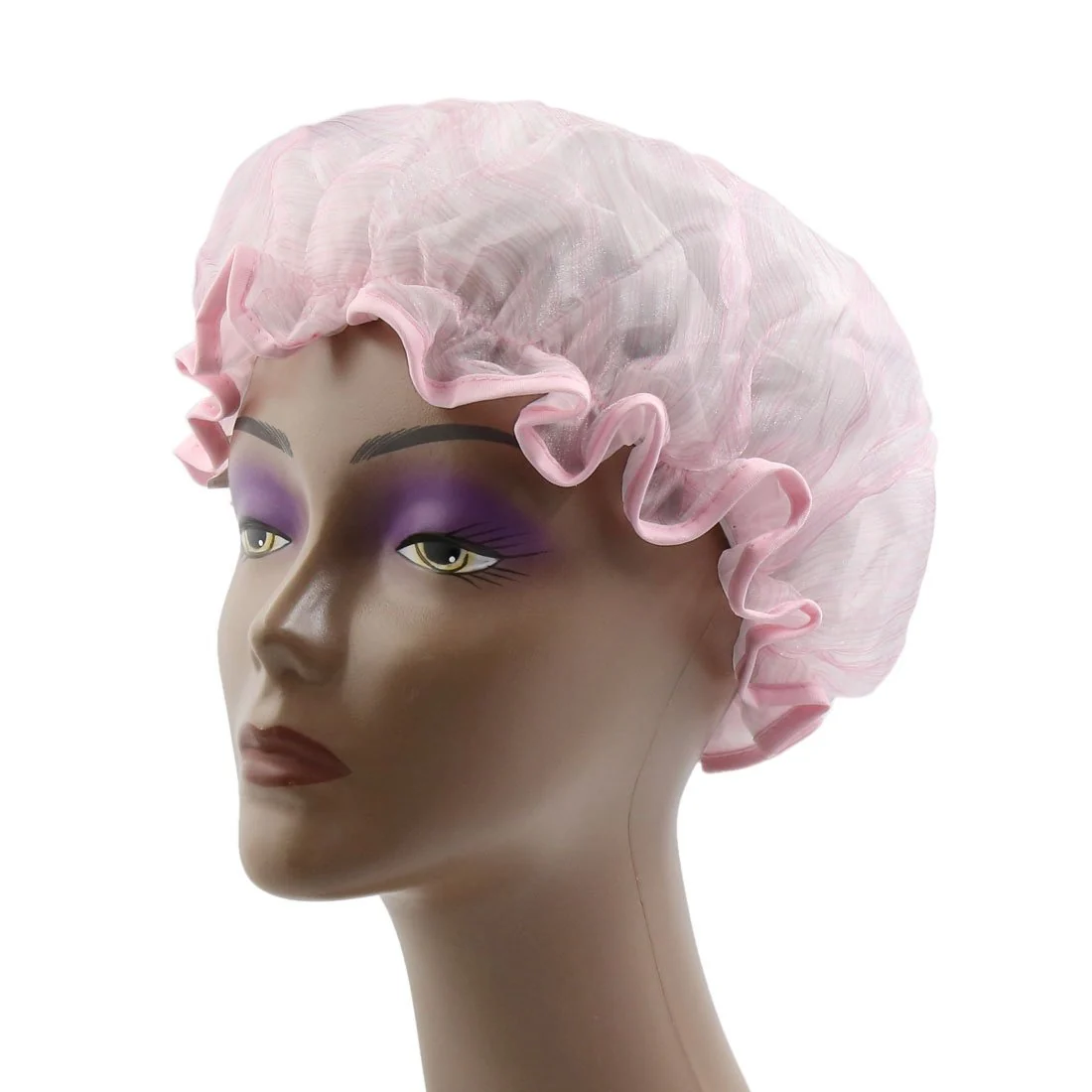 Enhanced Ruilogod Pink Stripe PEVA Lining Dual Layers Waterproof Shower Bath Salon Hair Cap Hat id 95c c2b d9d 832 4ca Responsible