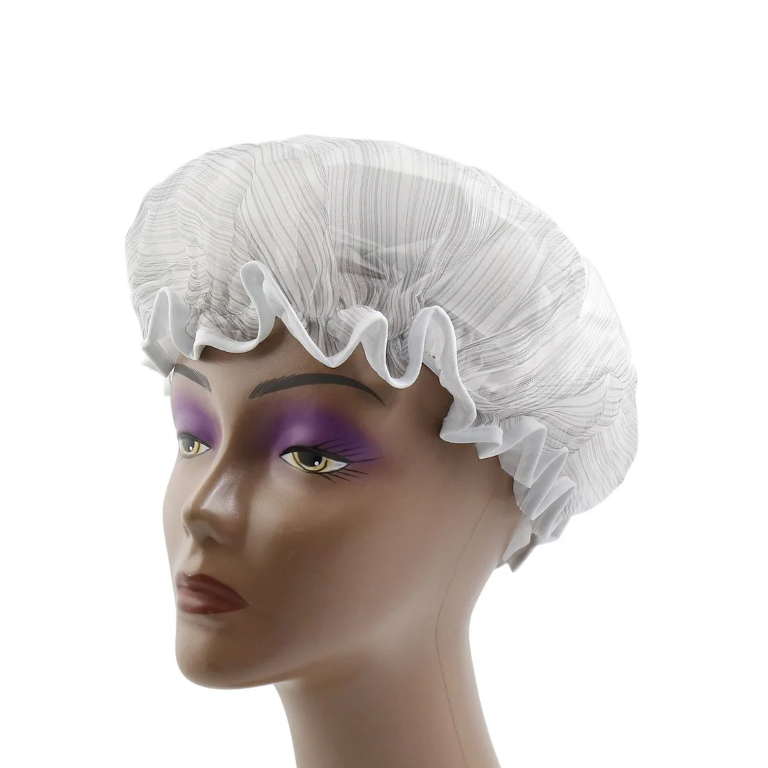 Functional Ruilogod White Stripe PEVA Lining Dual Layers Waterproof Shower Bath Salon Hair Cap Hat id 172 738 c94 ea7 ec0 Safe