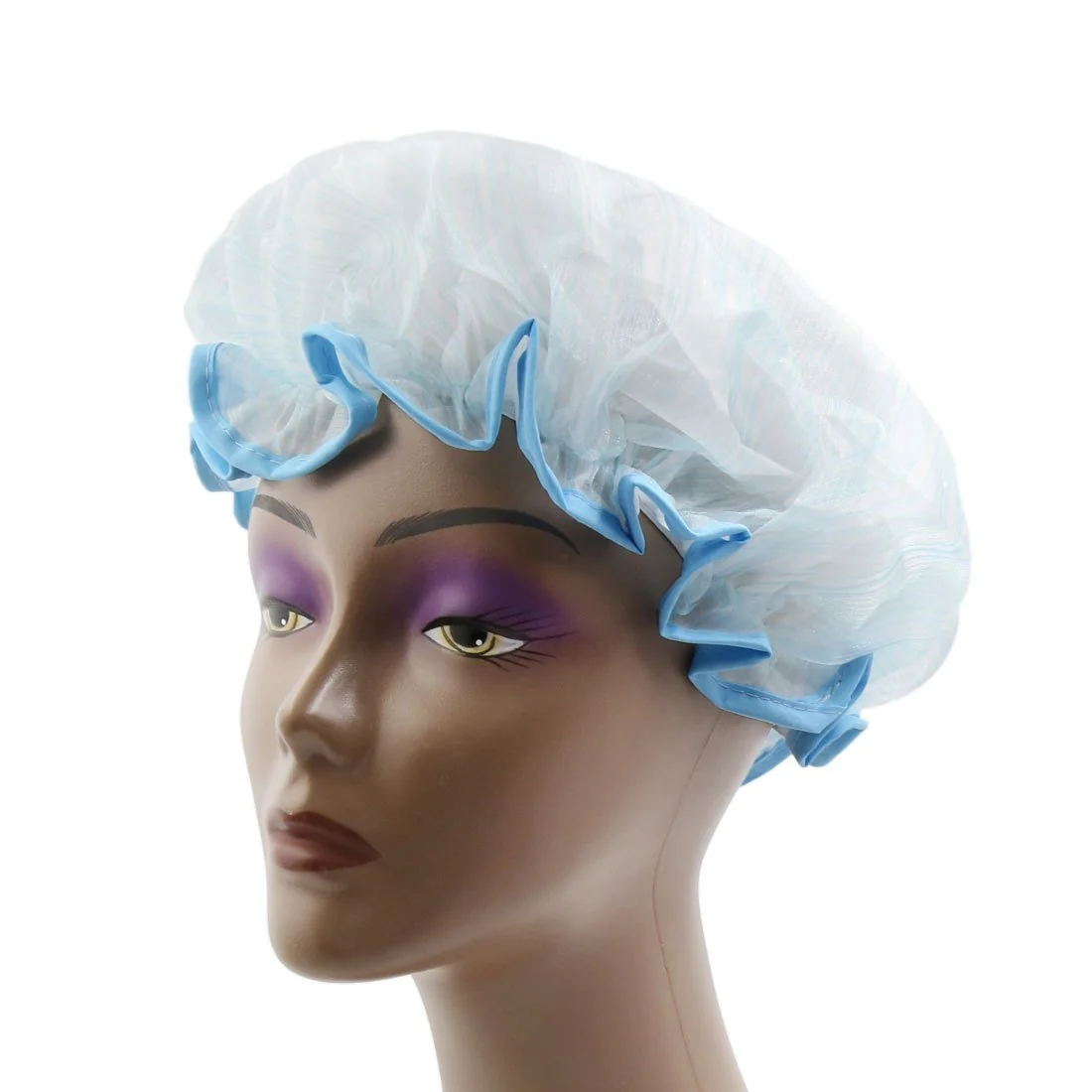 Functional Ruilogod Blue Stripe PEVA Lining Dual Layers Waterproof Shower Bath Salon Hair Cap Hat id d96 c04 d45 e0f 4c8 High-Performance