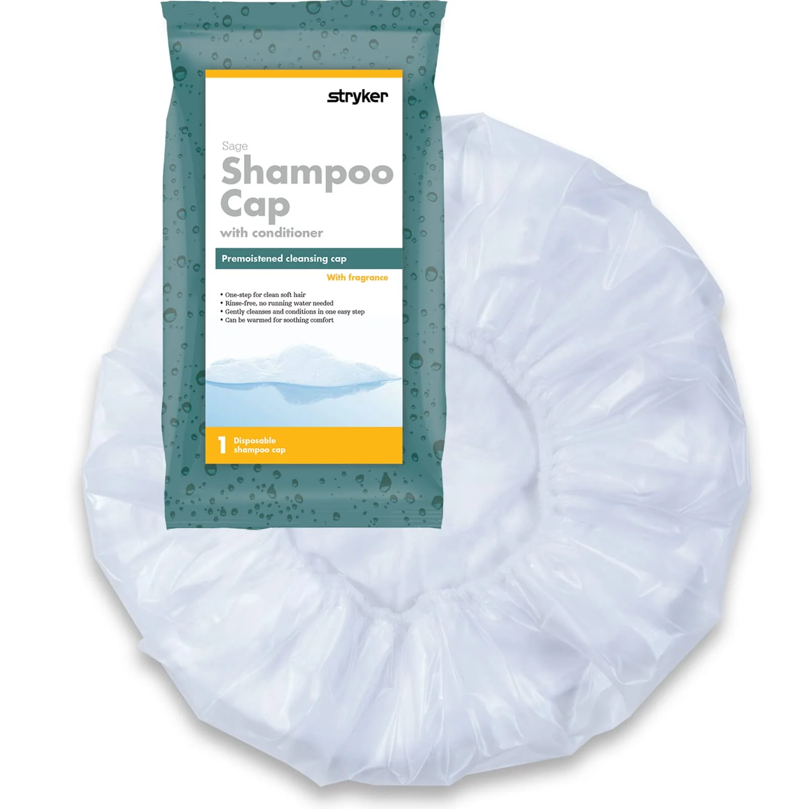 User-Friendly Stryker - Sage Pre-moistened Shampoo Cap - 40 Packages Ultra-soft Fabric Lining with Shampoo Conditioner Detangler Rinse- Hypoallergenic Original Design