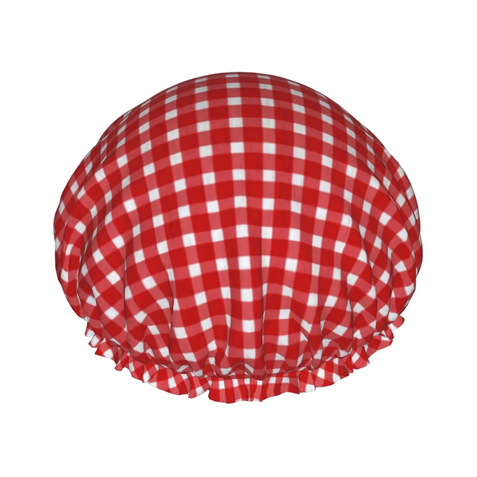 Fine Sjilai Retro Red Gingham Shower Cap For Women Adjustable Double Waterproof Layers Bathing Shower Hat Hair Protection Reusable Ladies Spa Salon Shower Official