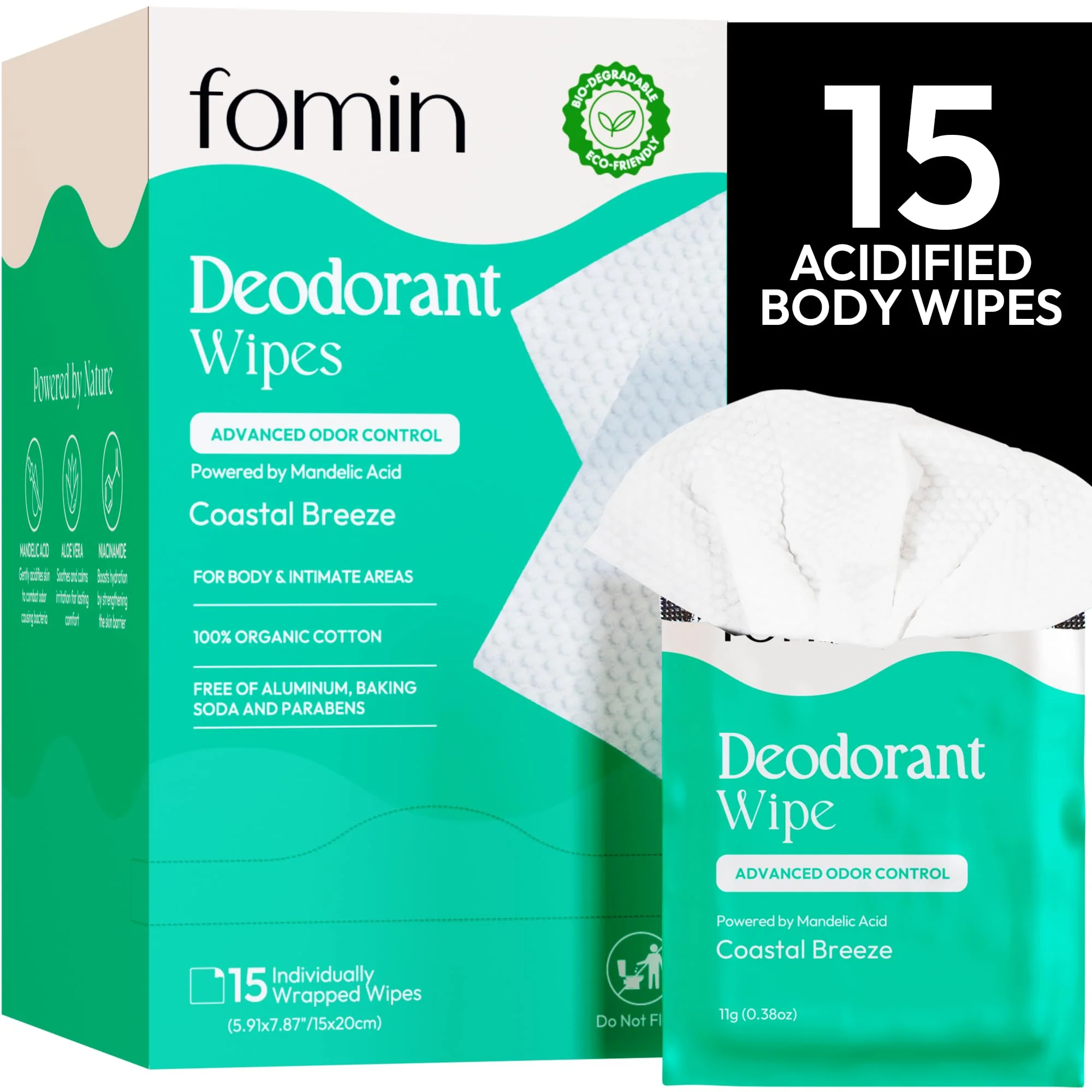 Detailed FOMIN Acidified Travel Deodorant Wipes For Women Men - 15 Count - Coastal Breeze - pH Balanced Mini Deodorant Travel Size Wipe - Plastic- Traditional