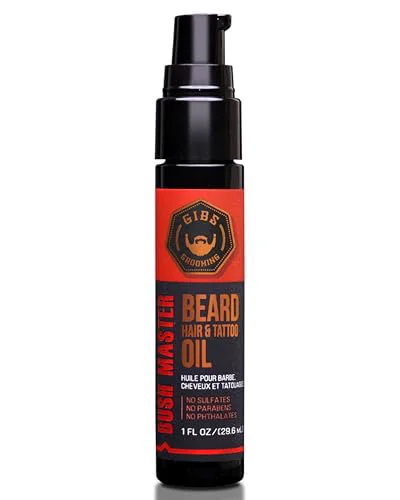 Trusted GIBS Grooming - Bush Master Beard Hair Tattoo Oil 1 fl oz - Softens Strengthens Protects - Skin Moisturizer - Vitamin C - UV Shield - Travel Stylish