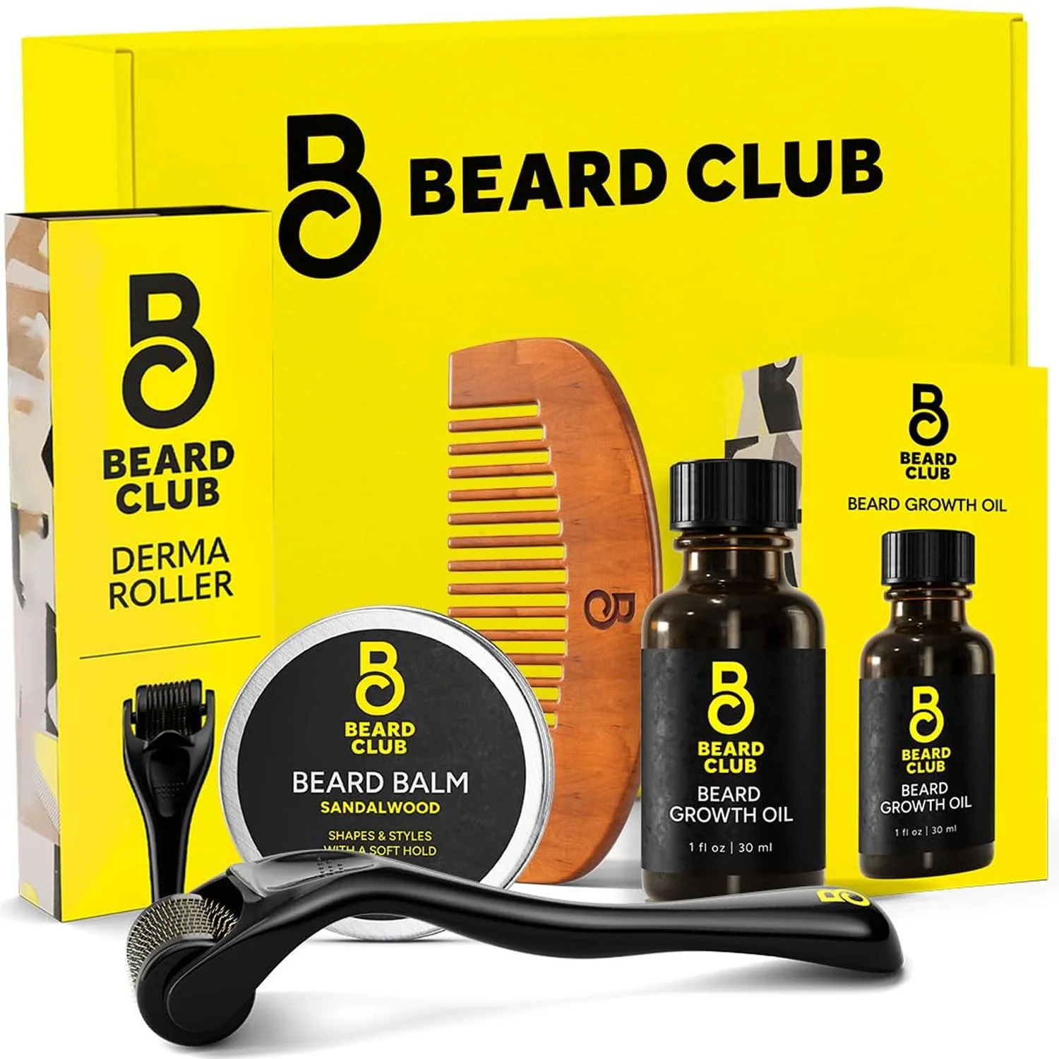 Clean The Beard Club Beard Growth Kit - Derma Roller Beard Growth Oil Sandalwood Balm Comb - Gift Set Fast