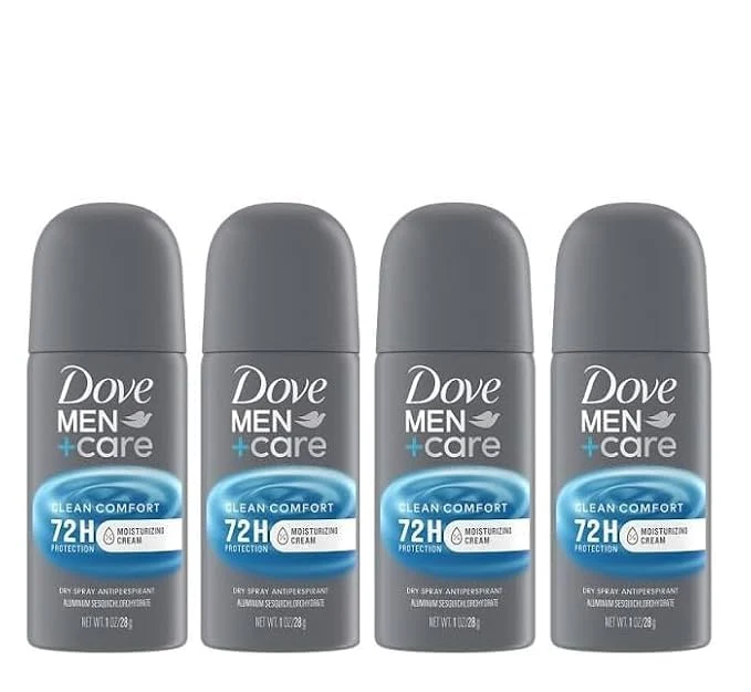 Trusted Dove Men Care Antiperspirant Deodorant Dry Spray Clean Comfort Scent 1 oz 4-Pack 72-Hour Sweat Odor Protection Travel Size