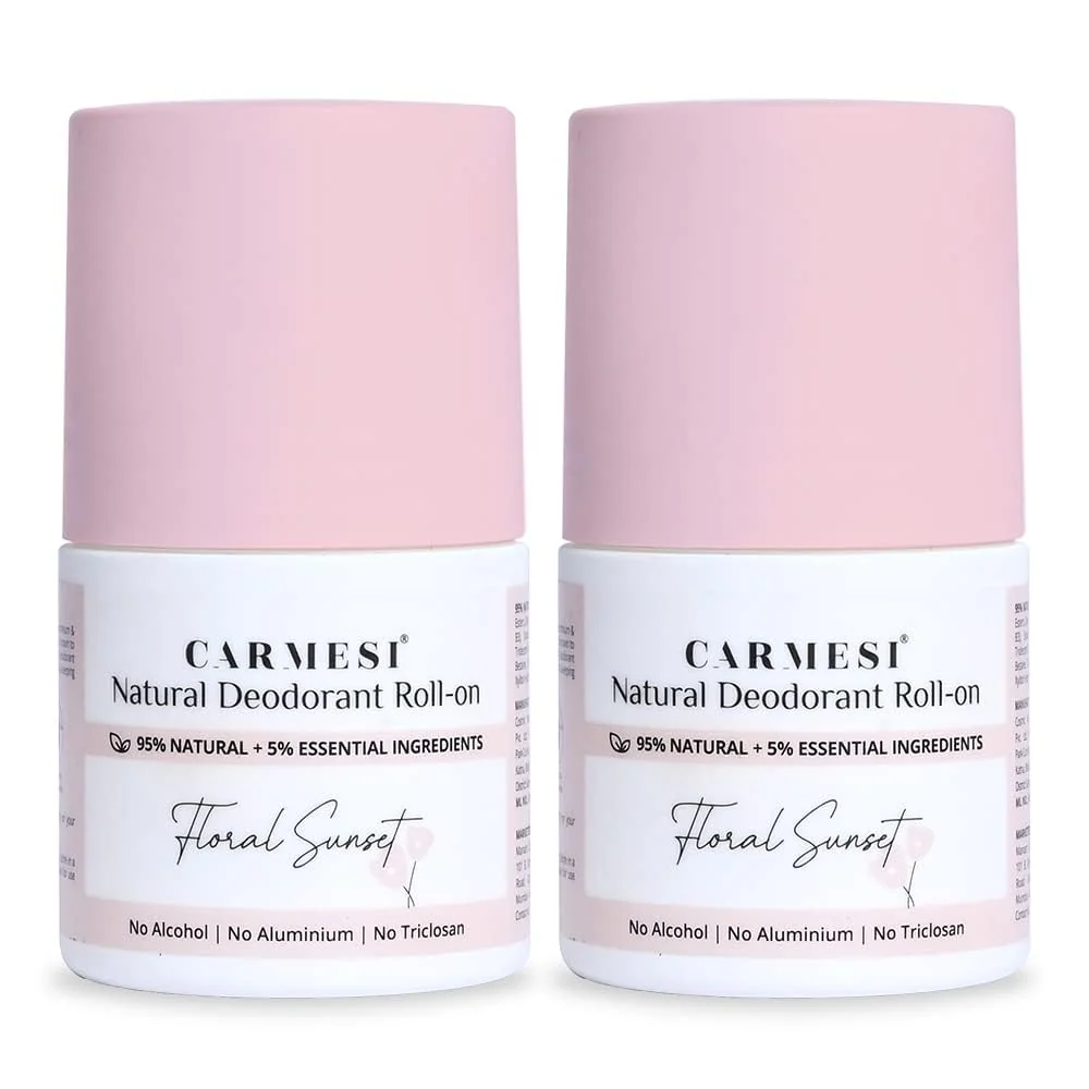 Eco-Friendly Carmesi Natural Deodorant Roll On - Floral Sunset - 95 Natural - Reduces Dark Underarms Body Odor - No Aluminium Alcohol- for Women - 1.69 Fl Effective