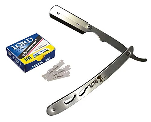 Safe Classic Samurai CS-102 Stainless Steel Professional Barber Straight Edge Razor with 100 Lord Single Edge Razor Blades Silver Metal Soft