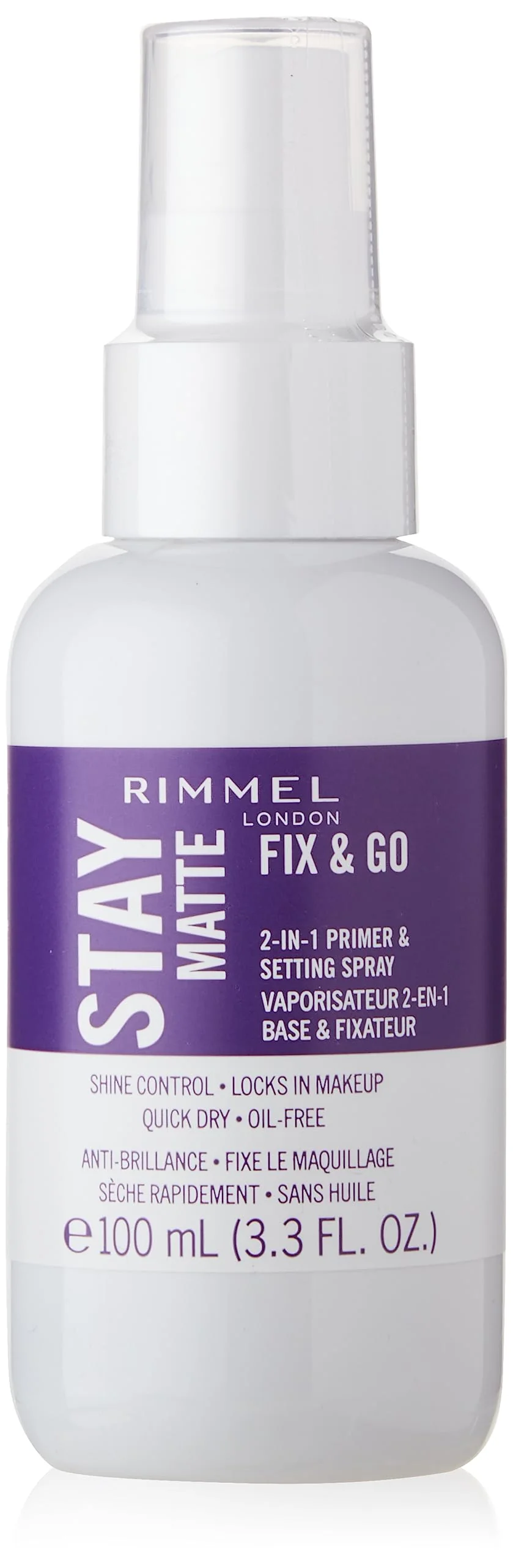 Artisan Rimmel London Stay Matte Fix Go - 001 Transparent - 2-in-1 Primer Setting Spray Oil- Locks Makeup into Place Soothes Skin 3.3 oz Natural