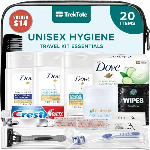 Fine TrekTote 20 Piece Unisex Travel Hygiene Kit with Toiletries Personal Care Essentials TSA-Compliant Individual and Bulk Packs Available Classic