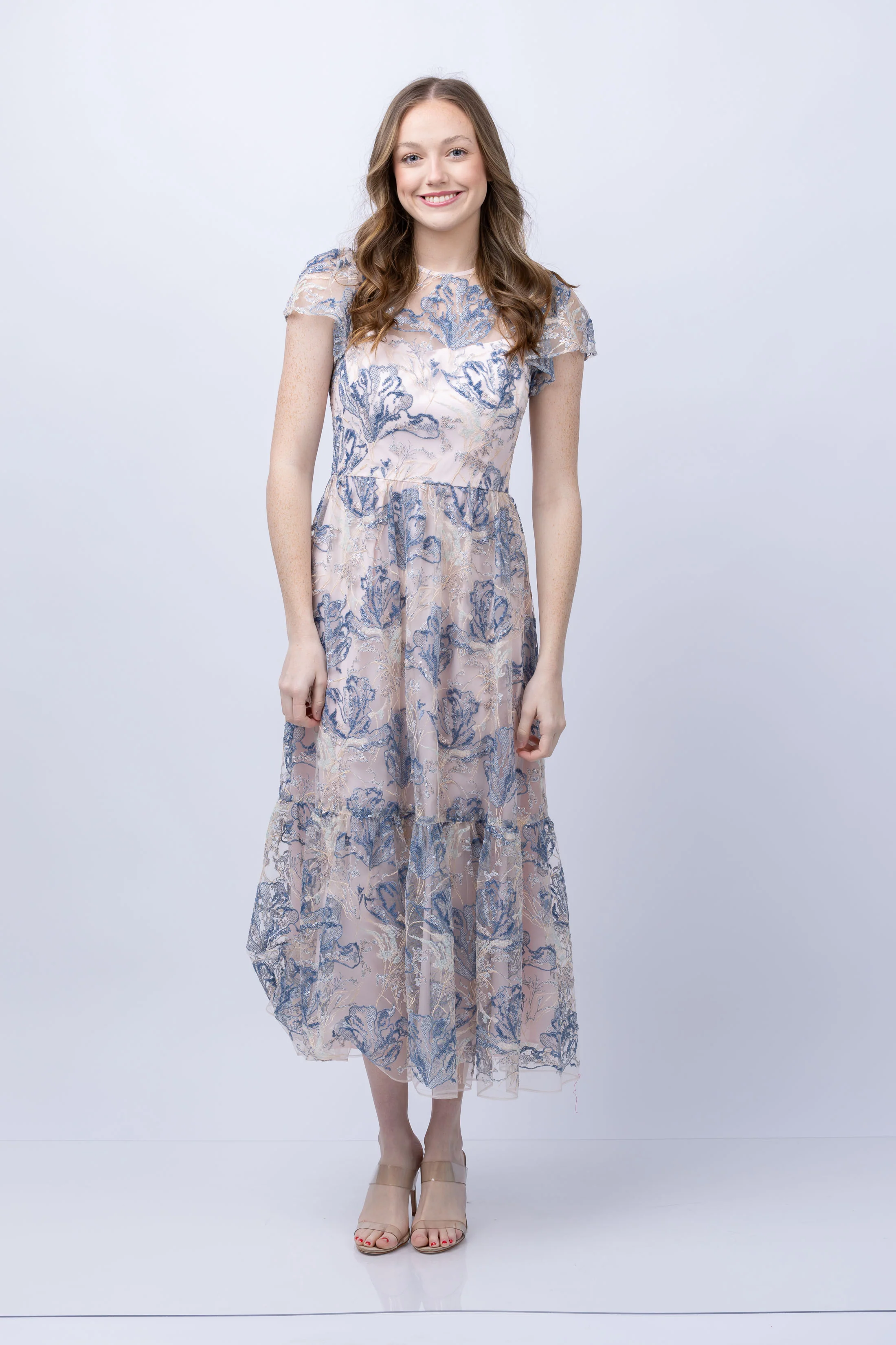 Casual Shoshanna Midnight Josephina Dress in Beige Light Blue Smart