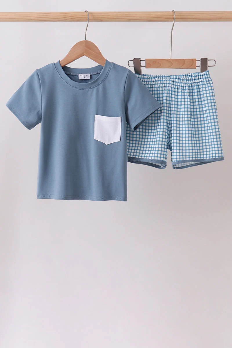 Effective Blue Pocket Grid Shorts Set Flexible