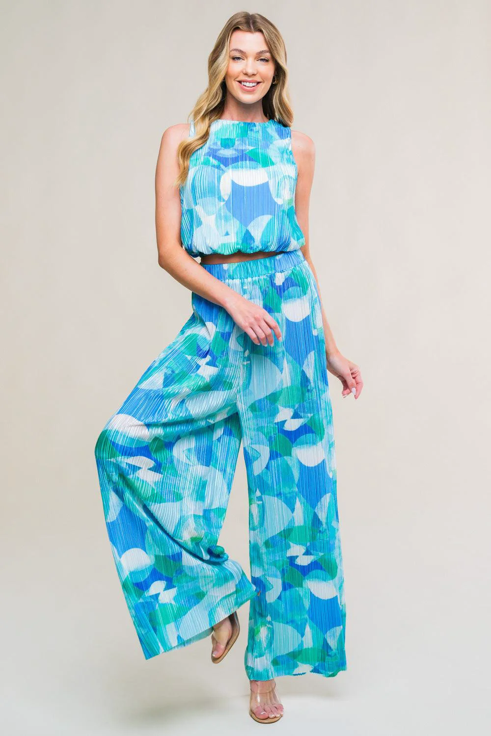 Traditional Maritime Muse Woven Plisse Top and Pant Set Premium
