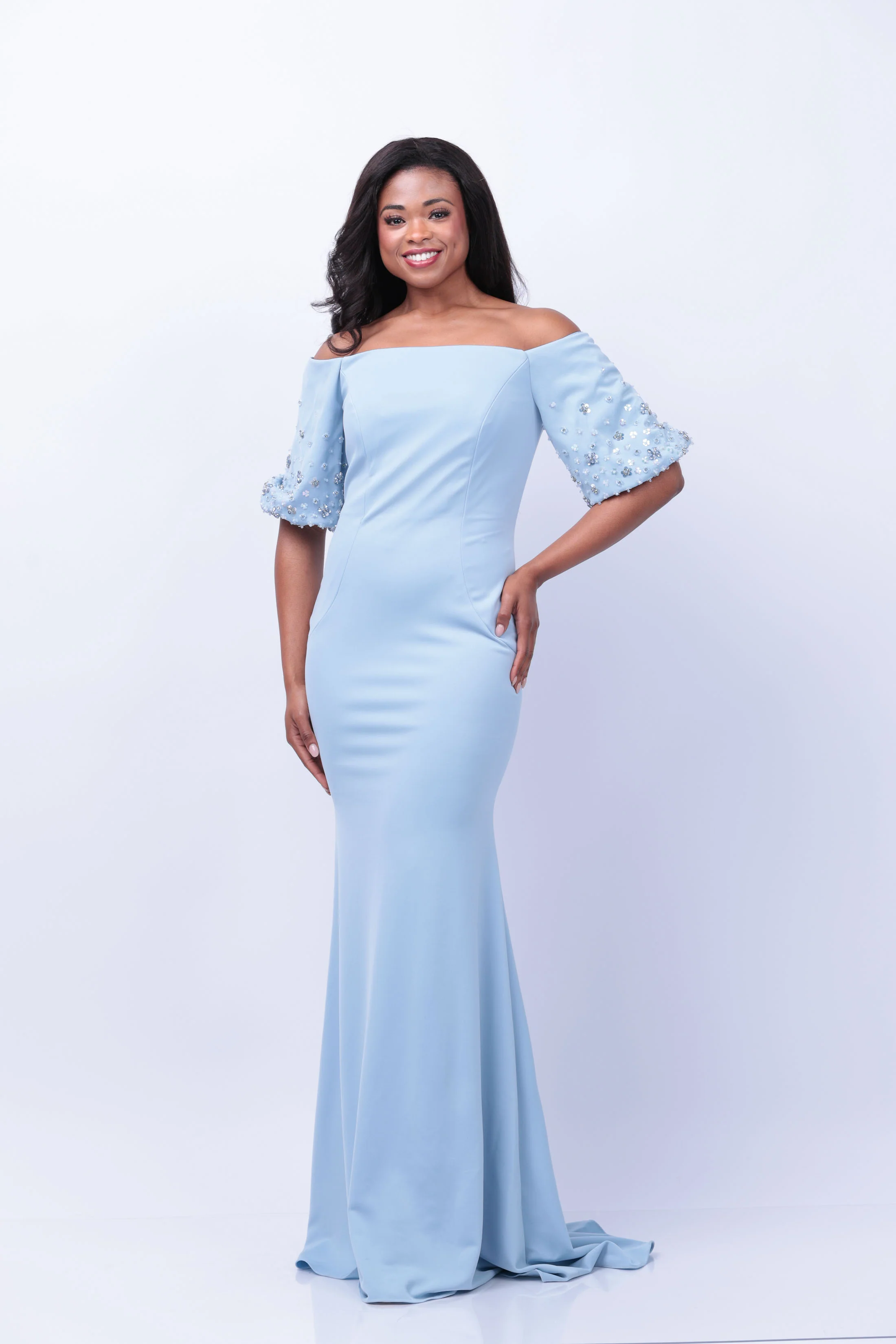 Authentic Jovani Off the Shoulder Short Sleeve Evening Gown in Light Blue Long-Lasting