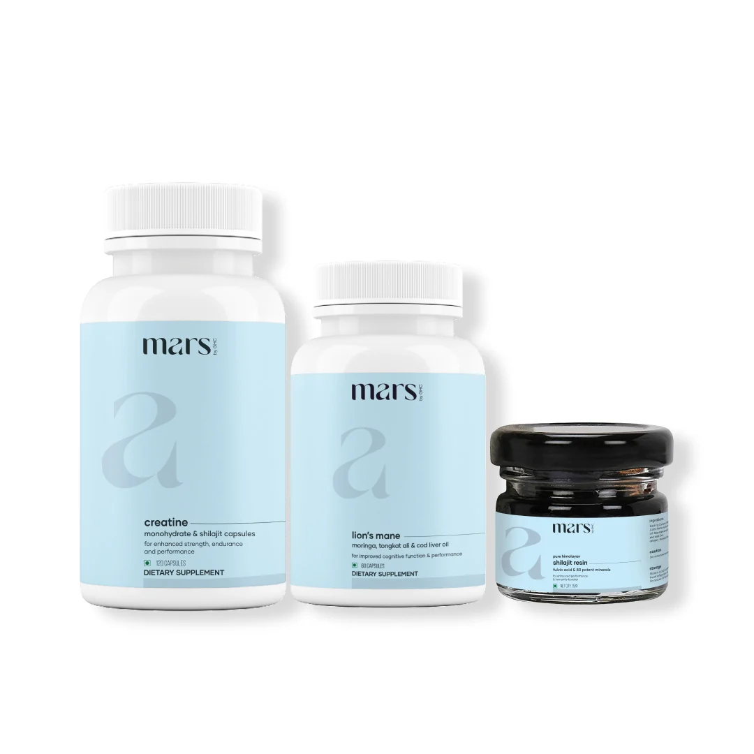 Luxury Mars Strength Stamina Combo Lion's Mane Caps Pure Himalayan Shilajit Resin Micronized Creatine Monohydrate Caps Versatile