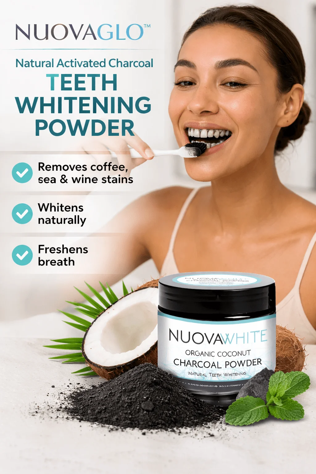 Prestigious Nuovaglo™ Natural Activated Charcoal Teeth Whitening Powder With Organic Coconut