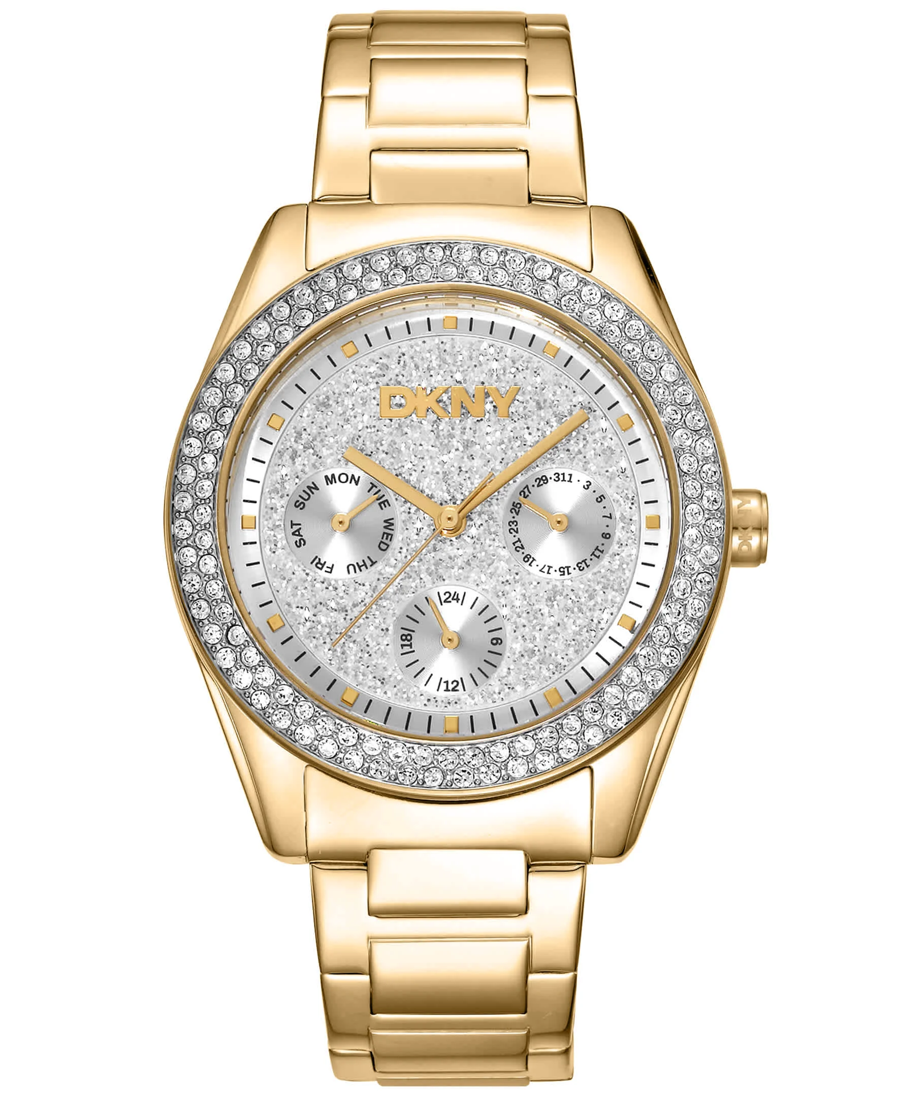 Artisan Dkny Women Watch Gold Color Case Silver Powder Dial Gold Color Metal Bracelet Multi-Function 5 Atm Environmentally Friendly