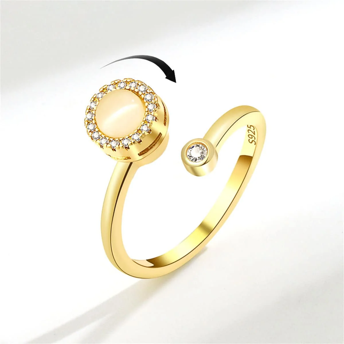 Solid Cats Eye Cubic Zirconia Goldtone Rotating Round Bypass Ring Genuine