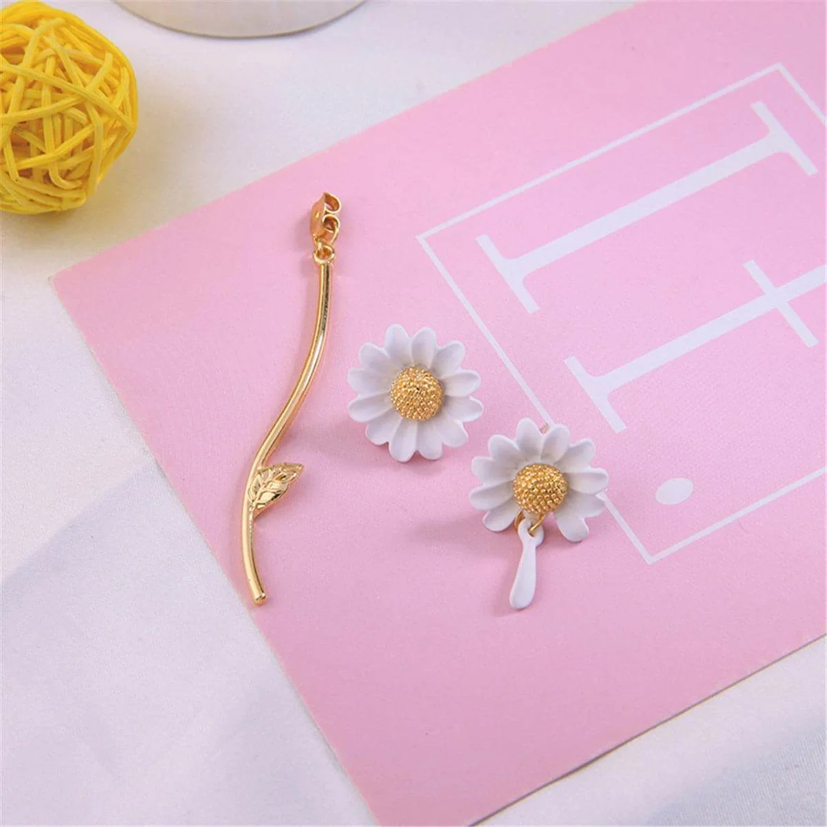 Verified White Enamel Goldtone Sunflower Asymmetrical Drop Earrings Recyclable