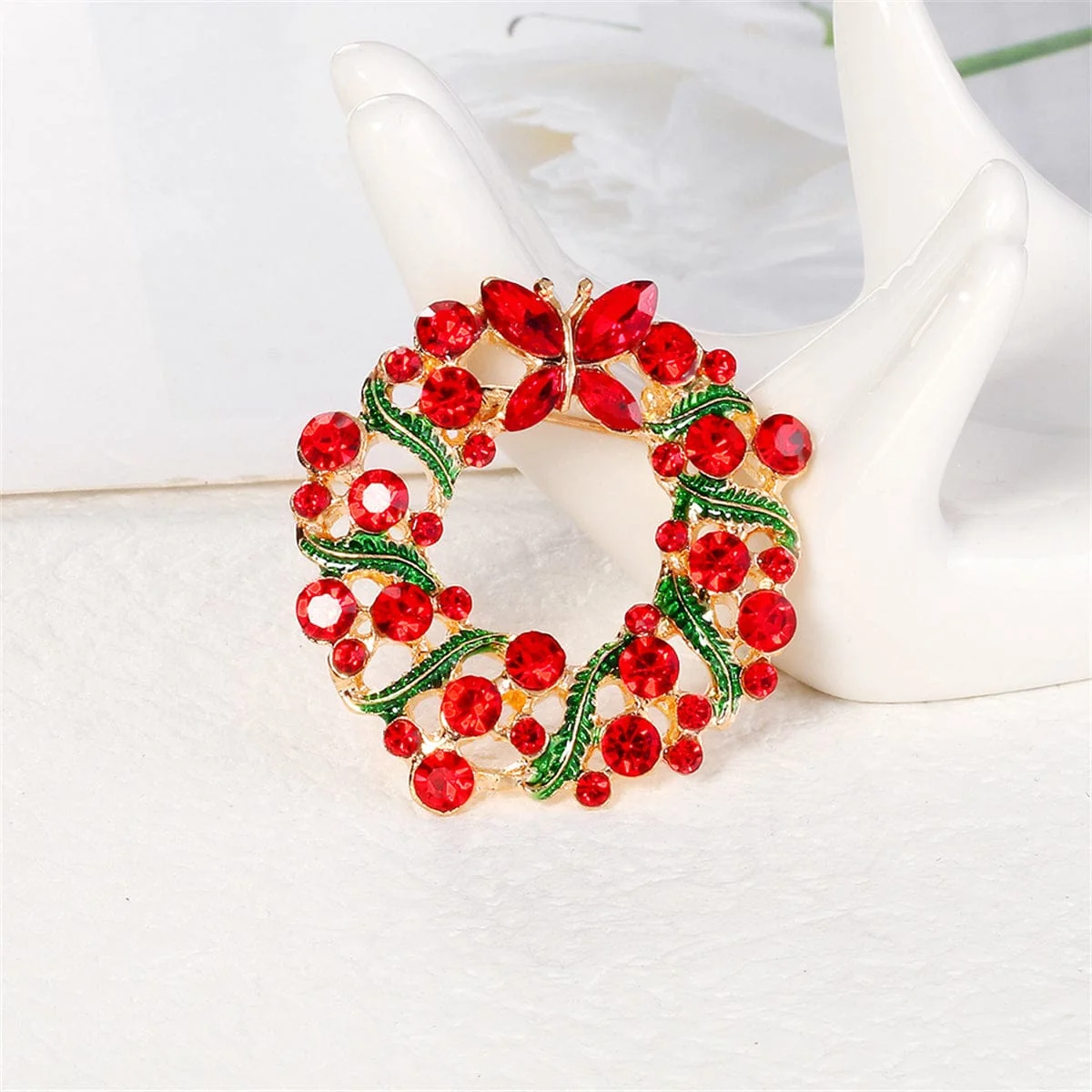 Fine Crafted Red Crystal Green Enamel Butterfly Wreath Brooch Responsible