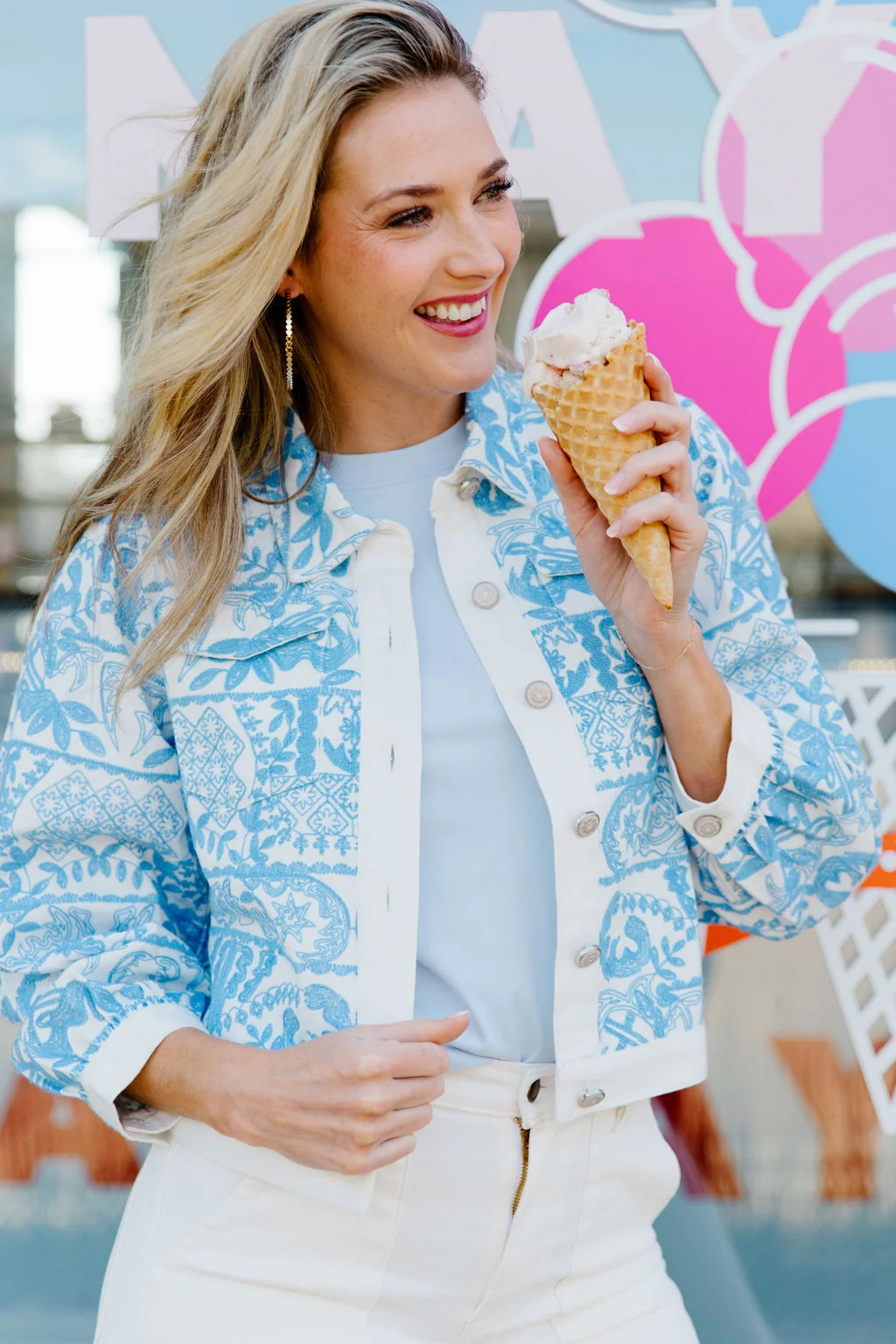 Flexible Love The Label Byron Embroidered Jacket inIvory Blue Innovative