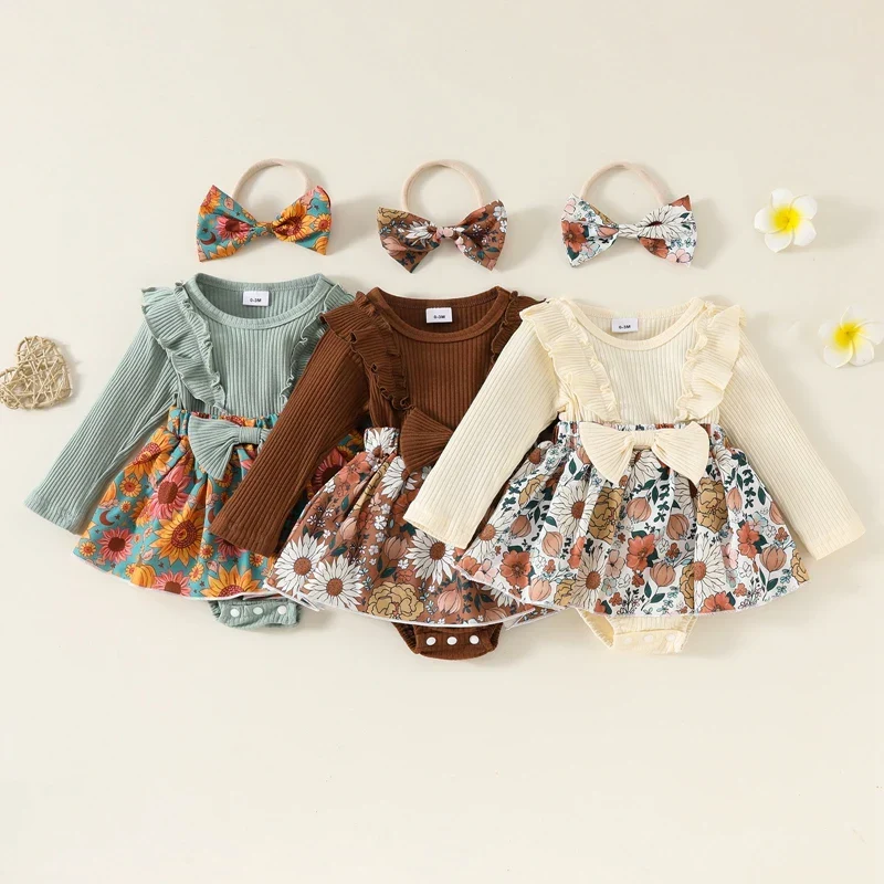 Professional Baby Toddler Girls 2Pcs Fall Outfit Flower Print Ruffle Trim Long Sleeve Romper Dress Skirt Bow Headband SetSPECIFICATIONS Reliable