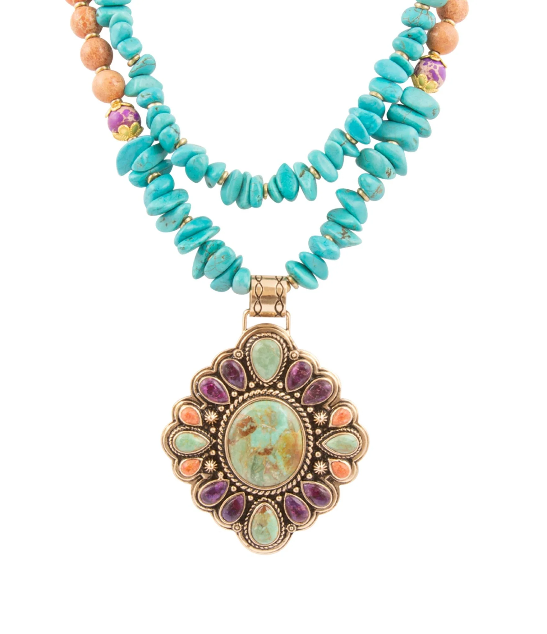 Natural Prescott Blue Turquoise Purple and Orange Statement Pendant Golden Necklace Relaxed