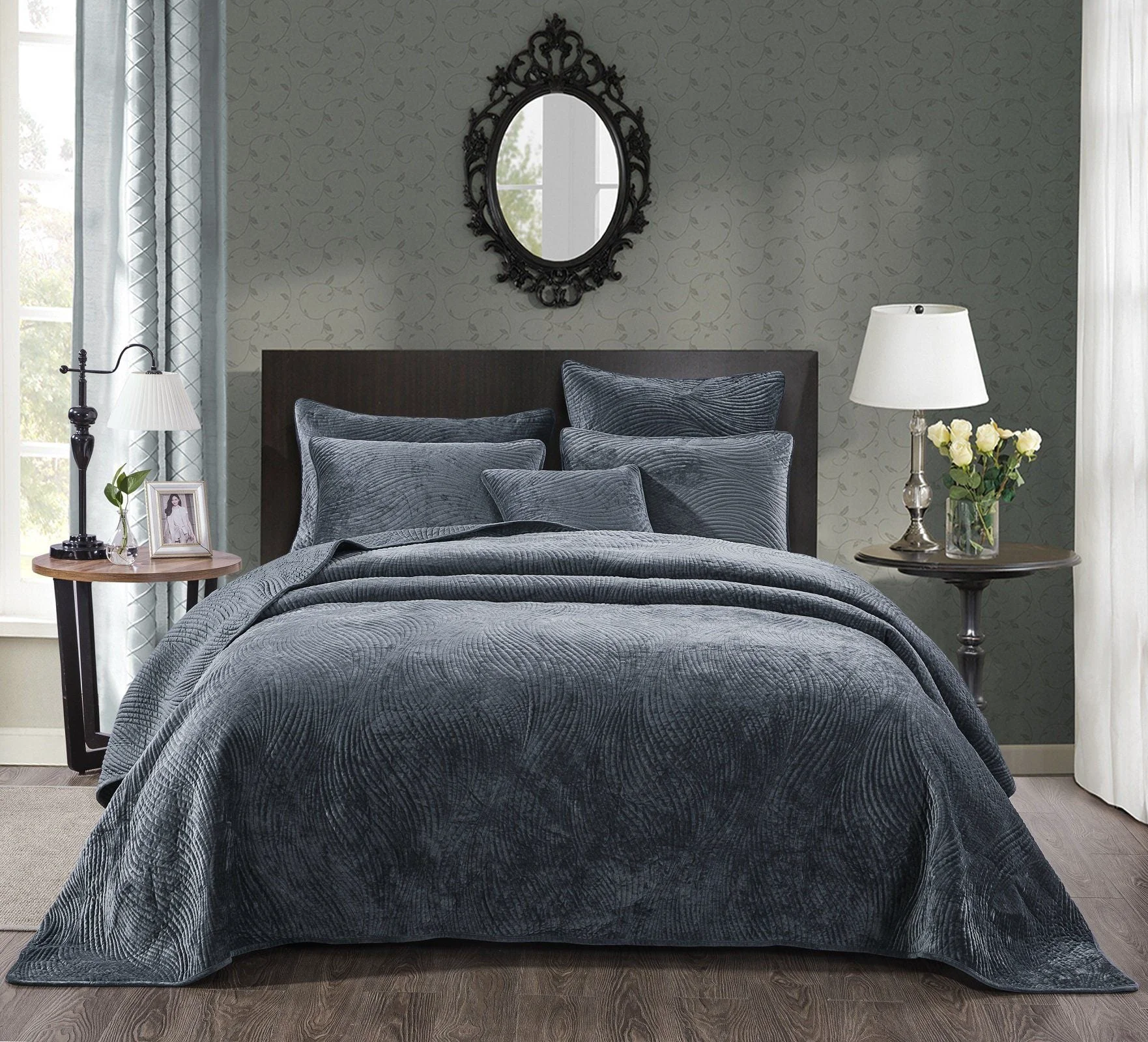Refined Tache Plush Dreams Steel Navy Blue Waves Velvet Quilt Set JHW-852BL Eco-Friendly