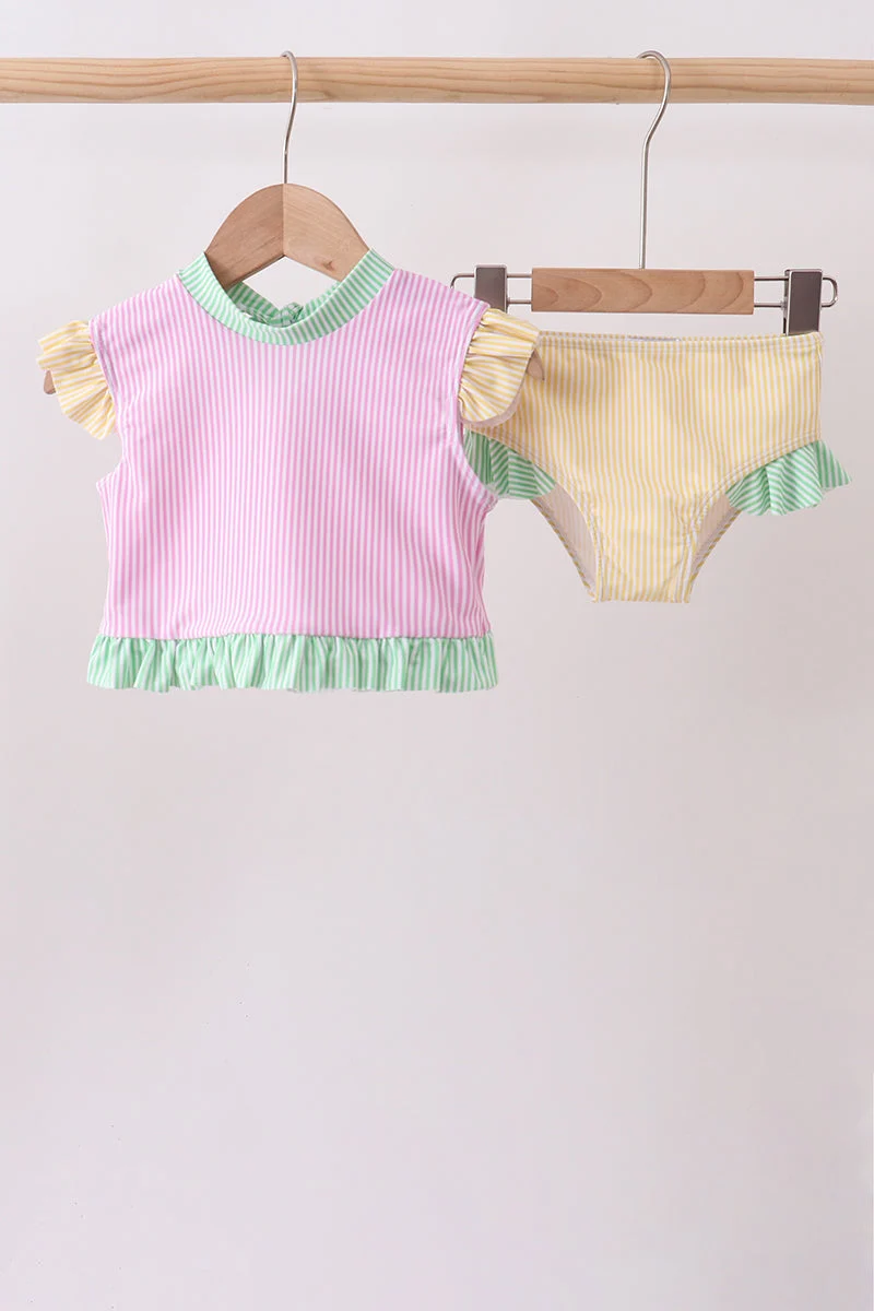 Top-Quality Pink stripe ruffle 2pc swimsuit Fast