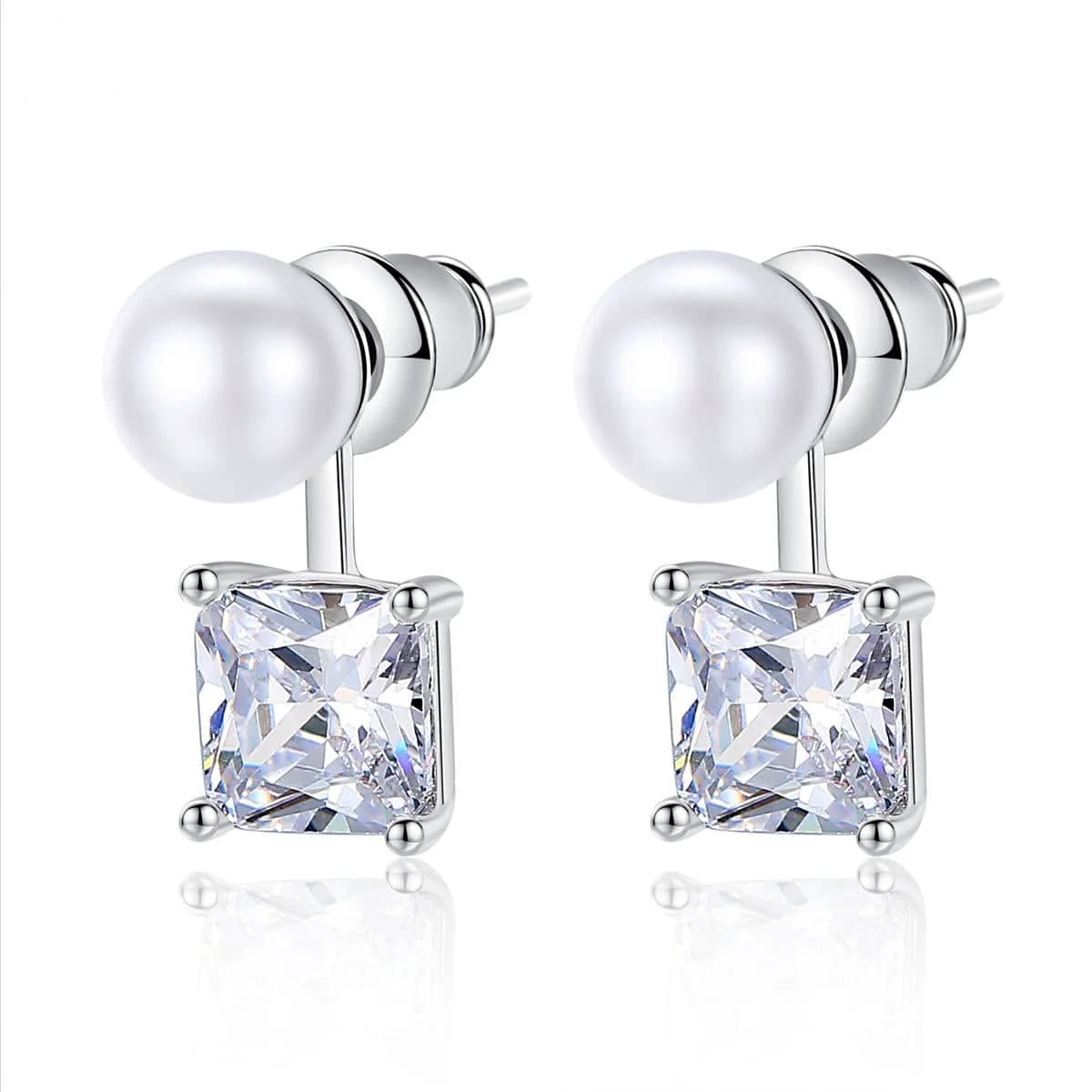 Natural Crystal Pearl Silvertone Princess-Cut Ear Jackets High-End