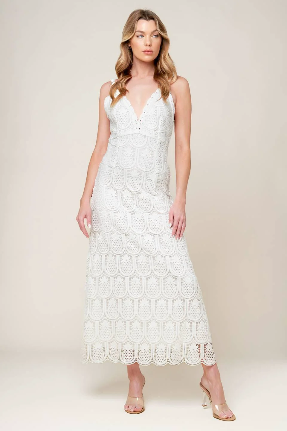 Top-Quality Loving Mentality White Woven Lace Midi Dress Consistent