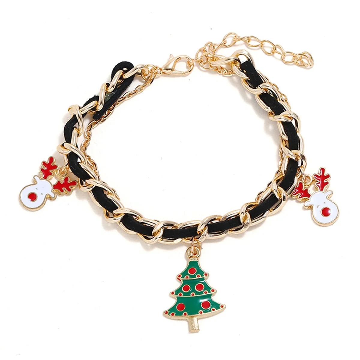 Advanced Black Polystyrene Goldtone Threaded-Cord Christmas Tree Charm Bracelet Trendy