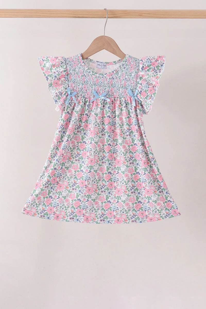Clean Blue Floral Smocked Ruffle Dress Eco-Friendly