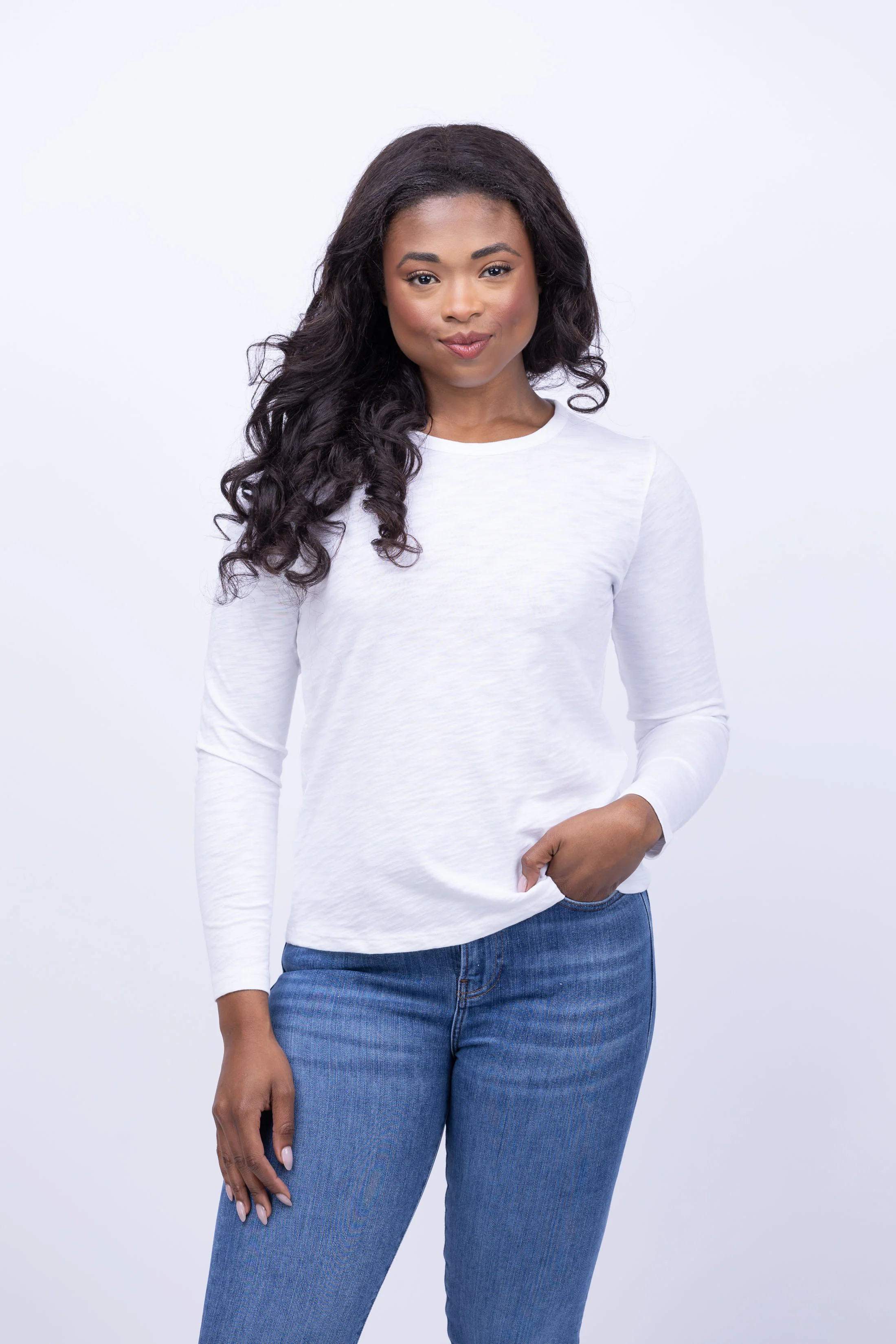 Convenient Lilla P Crewneck Long Sleeve Top in White Traditional