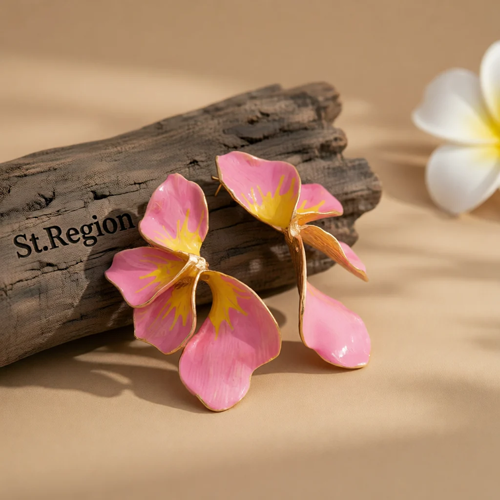 Verified Pink Yellow Enamel Goldtone Petals Stud Earrings Lightweight