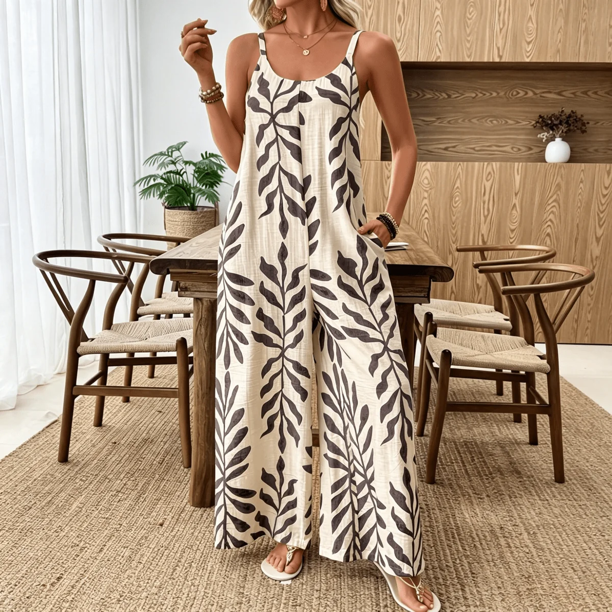 Easy-to-Use Women's Tropical Leaf Print Sleeveless Wide-Leg Jumpsuit Durable