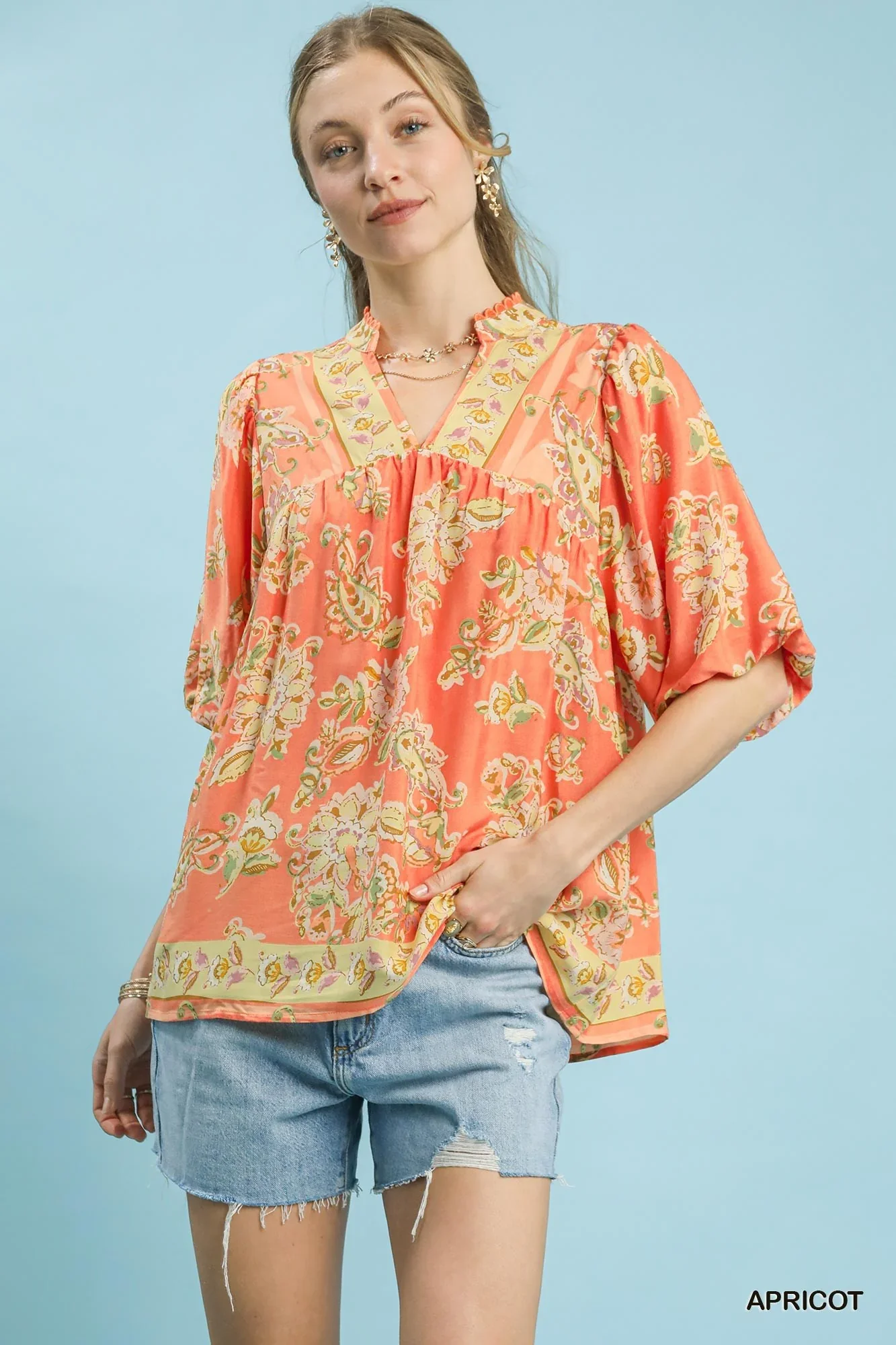 Healthy Umgee Apricot Floral Boho Blouse Verified