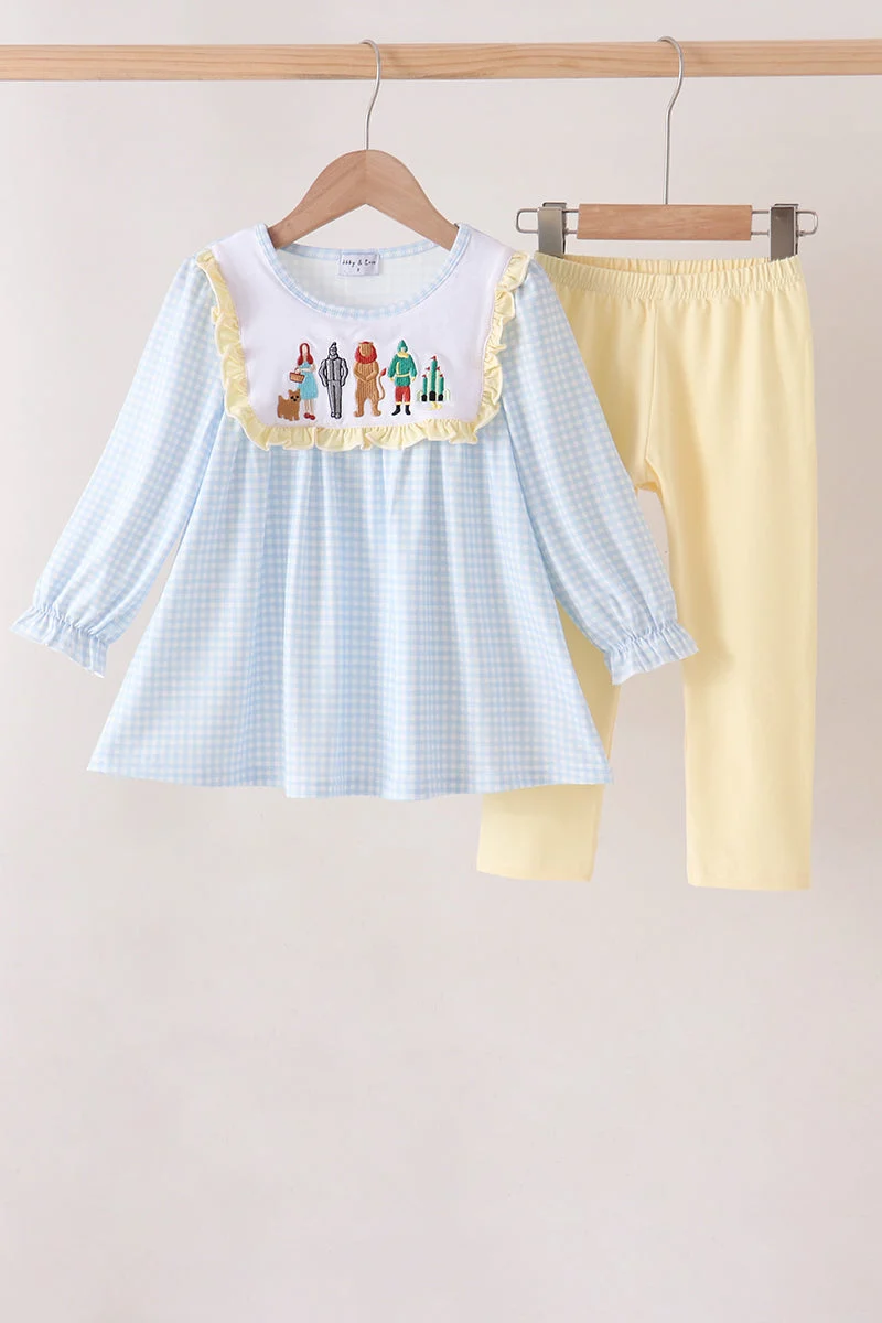 Top-Quality Blue Character Embroidery Gingham Ruffle Pants Set Quality