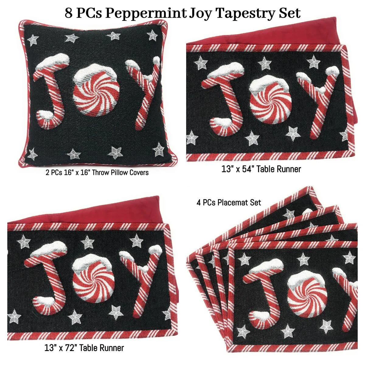 Quality DaDa Bedding Set of 8 Pieces Peppermint Joy Holiday Table Tapestry - 4 Placemats 2 Table Runners 2 Throw Pillow Covers 12904 High-Performance