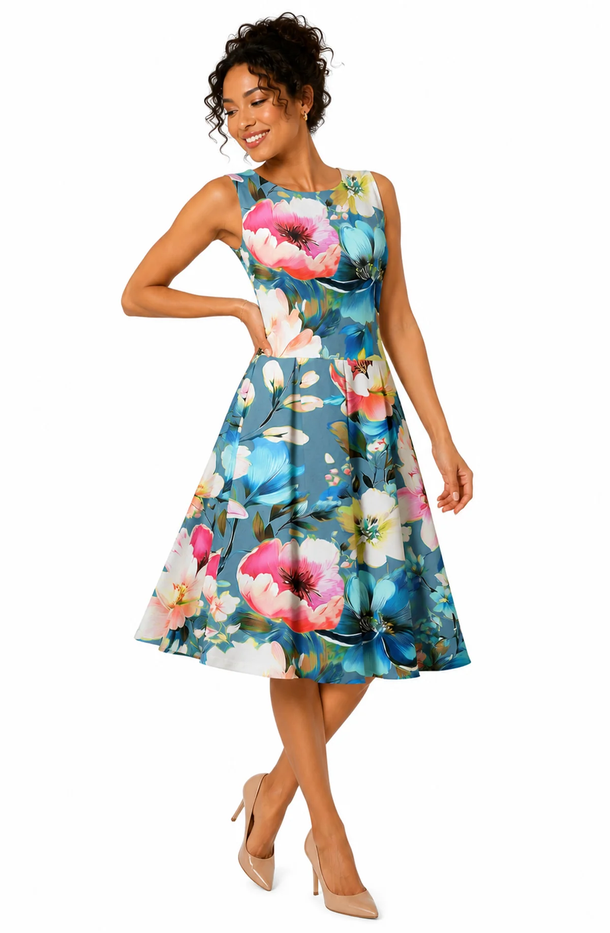 Durable Lily by Firmiana Women's Sleeveless Dress with Pleated Skirt Blue Pink Floral Mix Enhanced