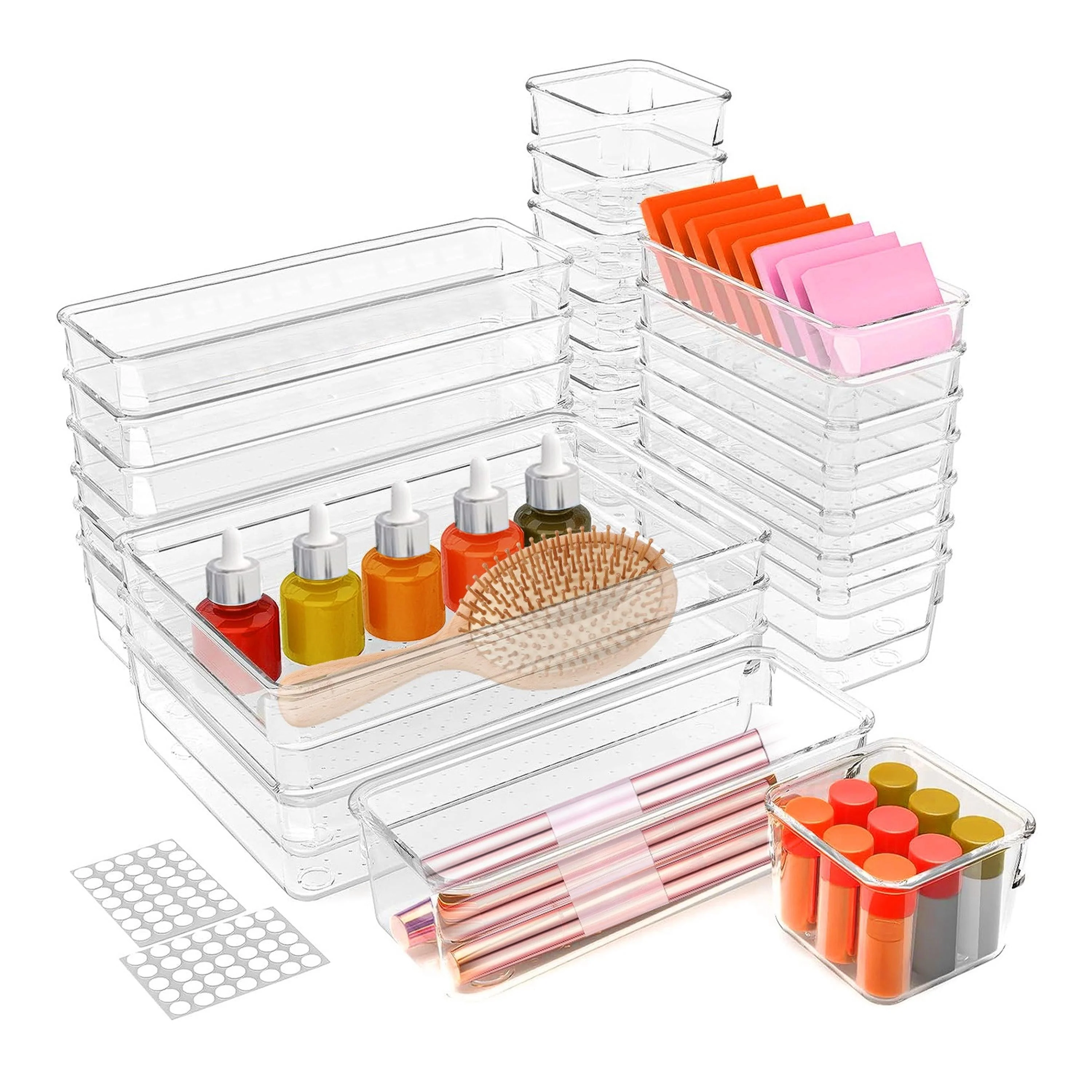 Pure 25Pcs Clear Plastic Drawer Organizers Set 4 Sizes Desk Drawer Dividers Trays Storage Bins for Vanity Cabinet Makeup Bathroom Office Kitchen Bedroom Je Efficient